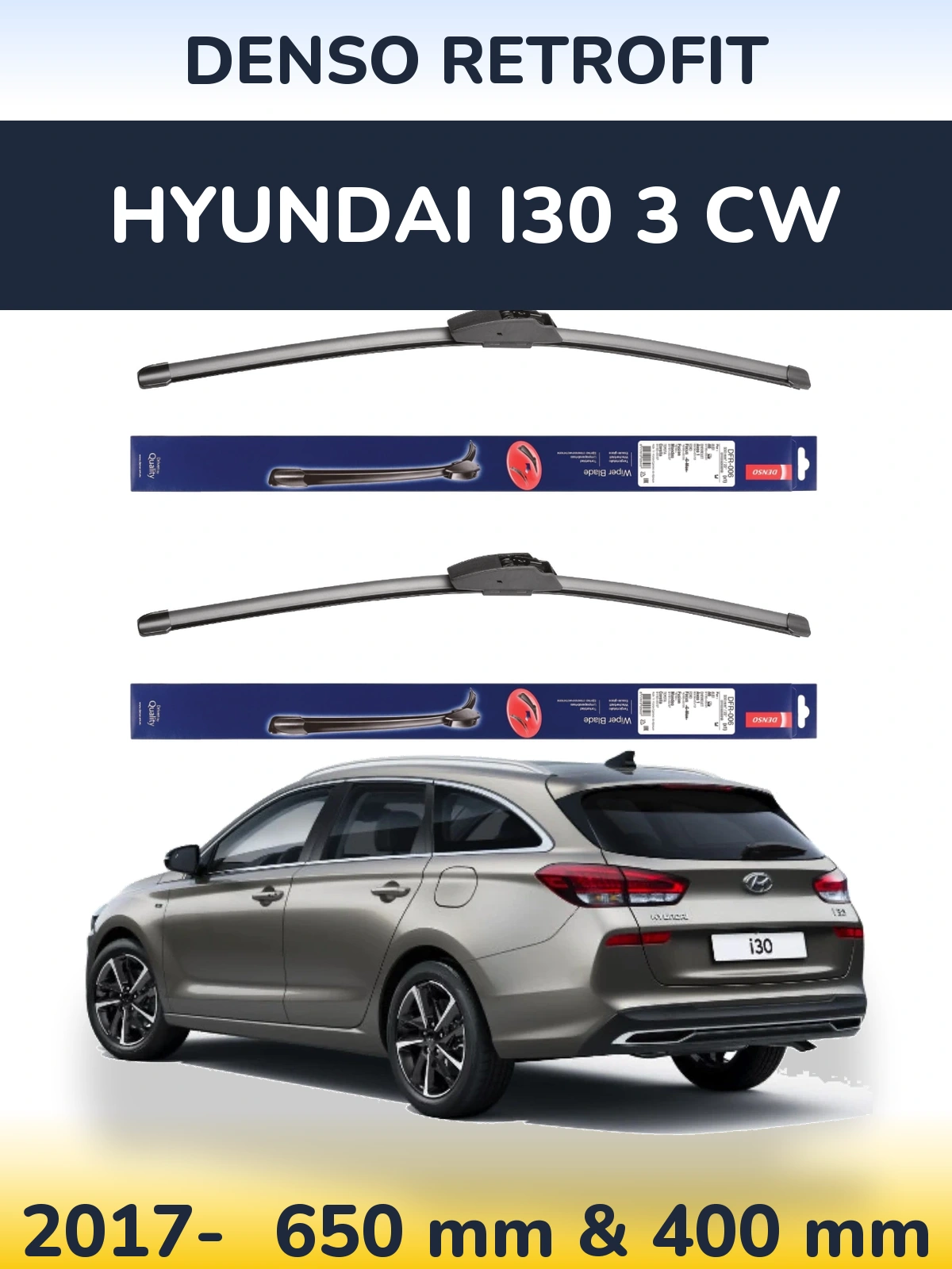 Комплект передних дворников Denso Retrofit 650 & 400 мм для Hyundai i30 3 CW 2017-2026
