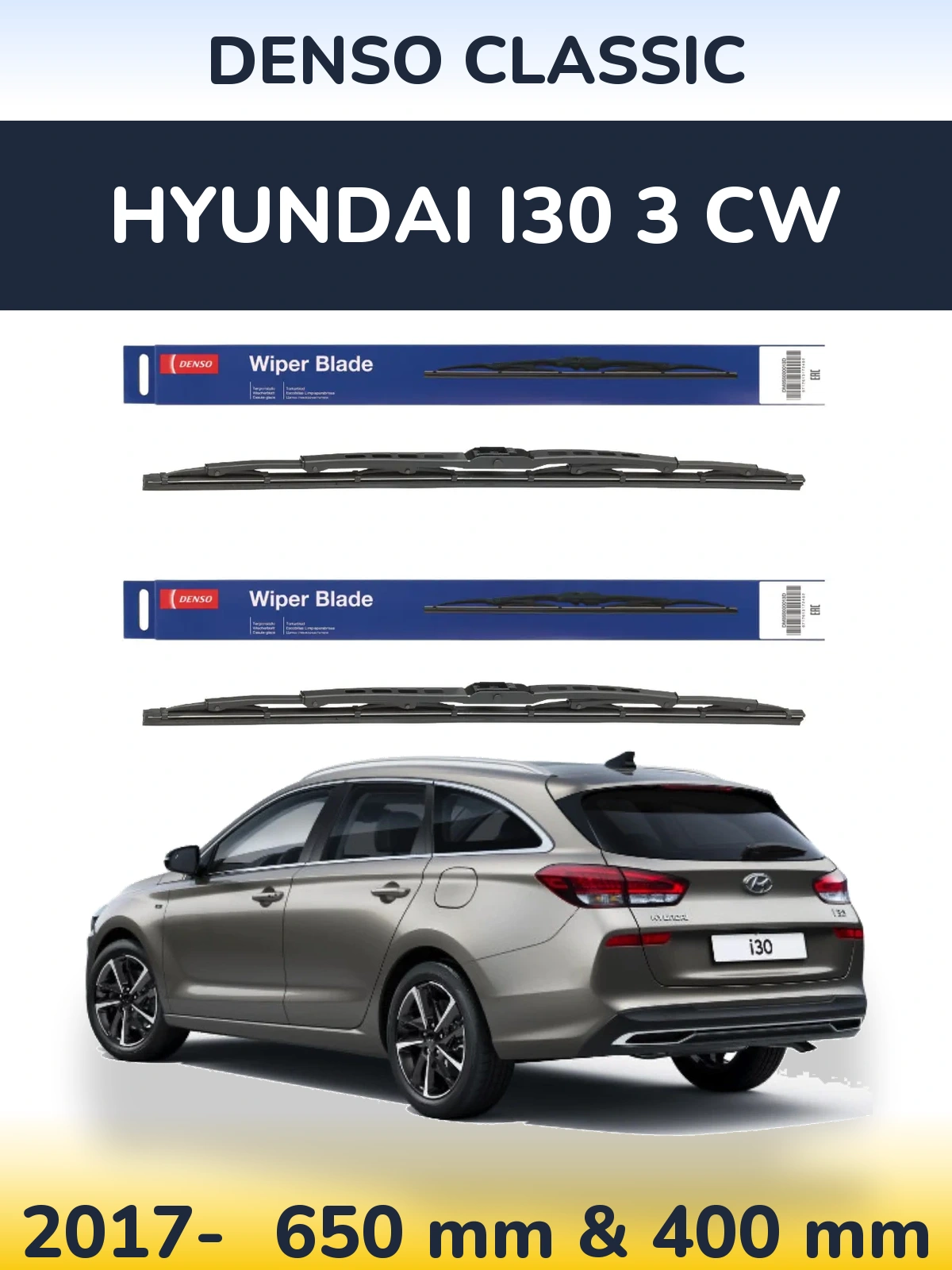 Комплект передних дворников Denso Classic 650 & 400 мм для Hyundai i30 3 CW 2017-2026