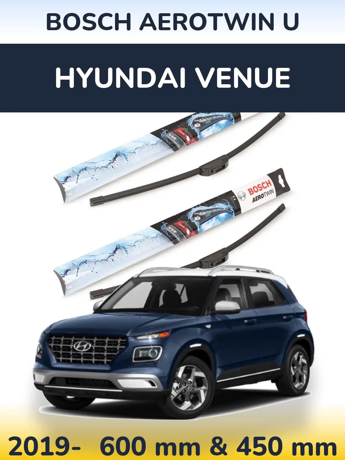 Комплект передніх щіток BOSCH AeroTwin U 600 & 450 мм для Hyundai Venue 2019-2026