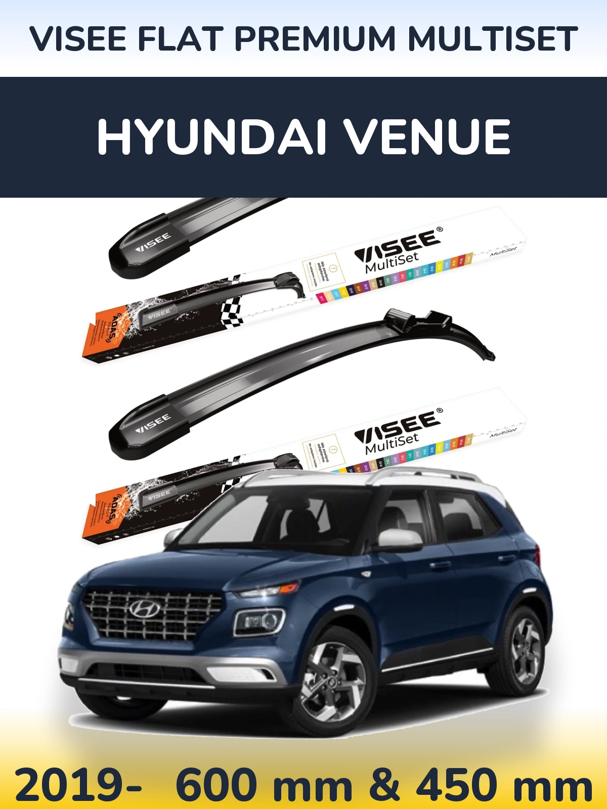 Комплект передних дворников VISEE FLAT PREMIUM MultiSet 600 & 450 мм для Hyundai Venue 2019-2026