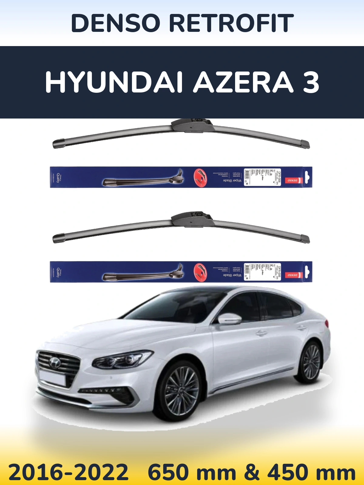 Front wiper blade set Denso Retrofit 650 & 450 mm for Hyundai Azera 3 2016-2022