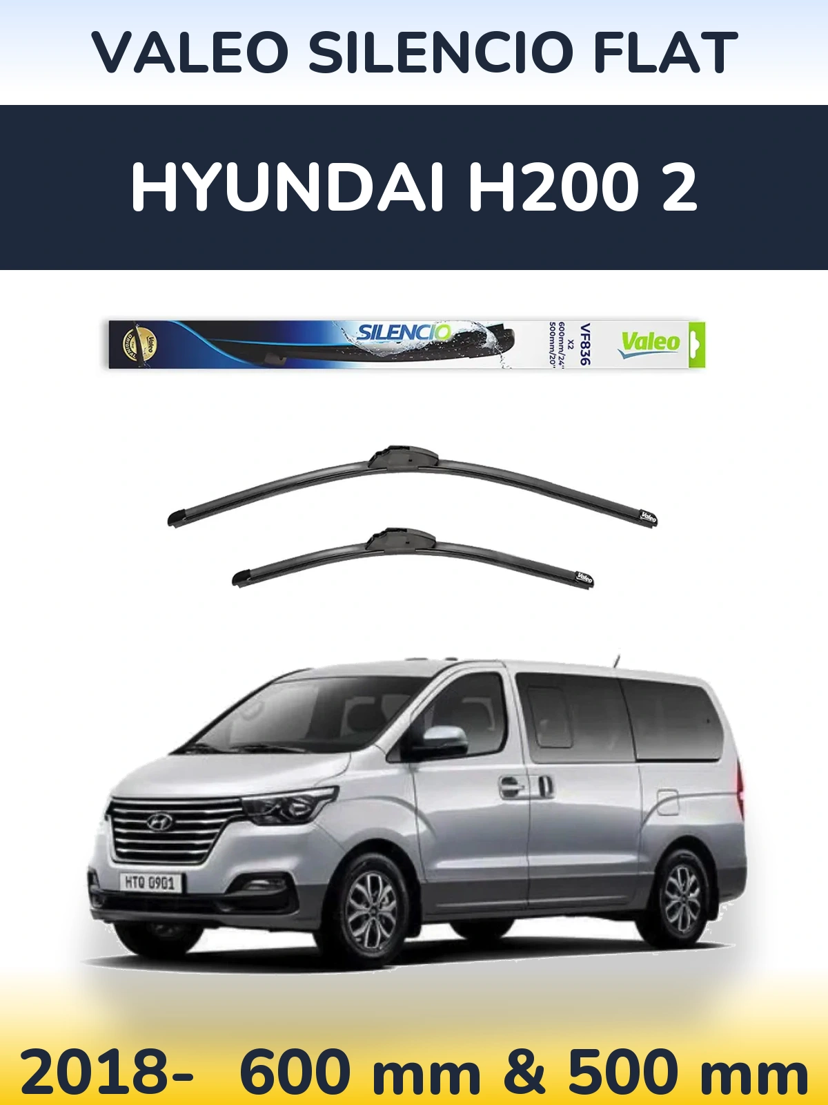 Комплект передніх щіток Valeo Silencio Flat 600 & 500 мм для Hyundai H200 2 2018-2026