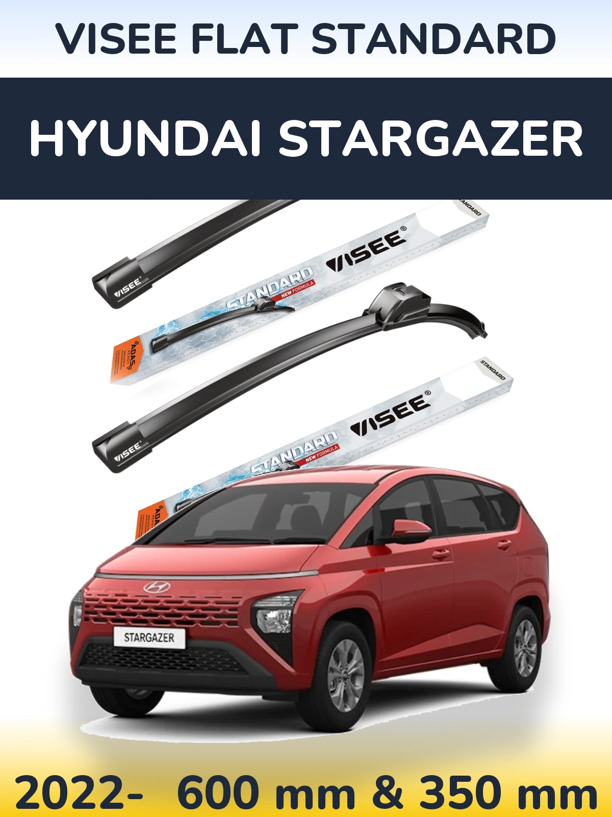 Комплект передних дворников VISEE FLAT STANDARD 600 & 350 мм для Hyundai Stargazer 2022-2026