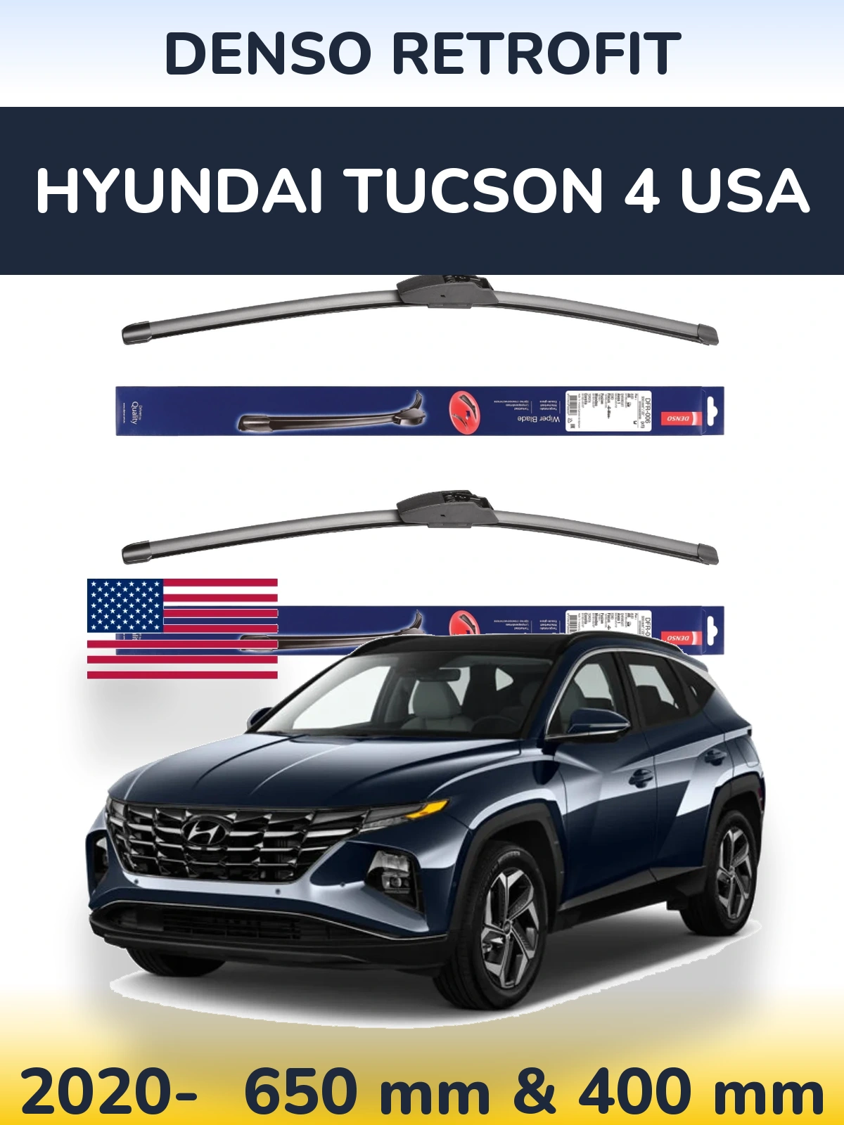 Комплект передних дворников Denso Retrofit 650 & 400 мм для Hyundai Tucson 4 USA 2020-2026