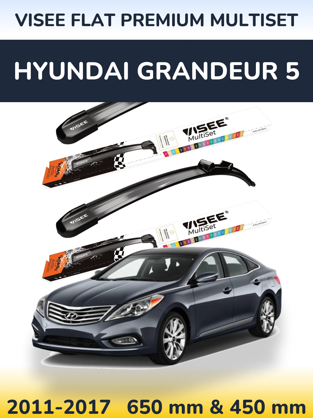 Комплект передних дворников VISEE FLAT PREMIUM MultiSet 650 & 450 мм для Hyundai Grandeur 5 2011-2017