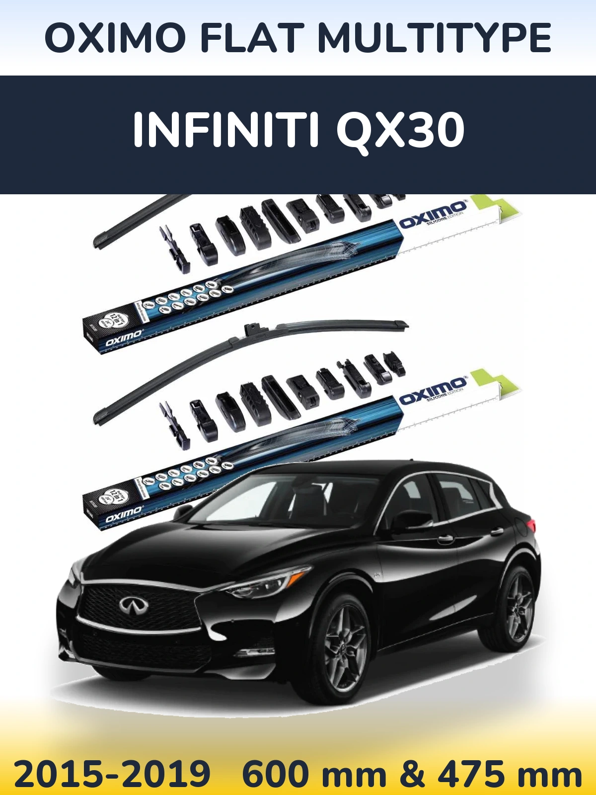 Front wiper blade set Oximo Flat MultiTüüpe 600 & 475 mm for Infiniti QX30 2015-2019