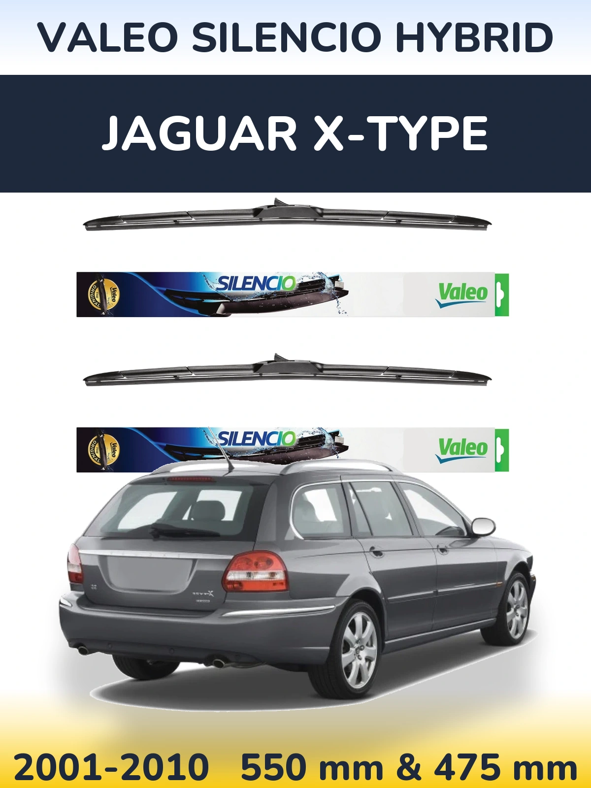 Front wiper blade set Valeo Silencio Hybrid 550 & 475 mm for Jaguar X-Tüüpe 2001-2010