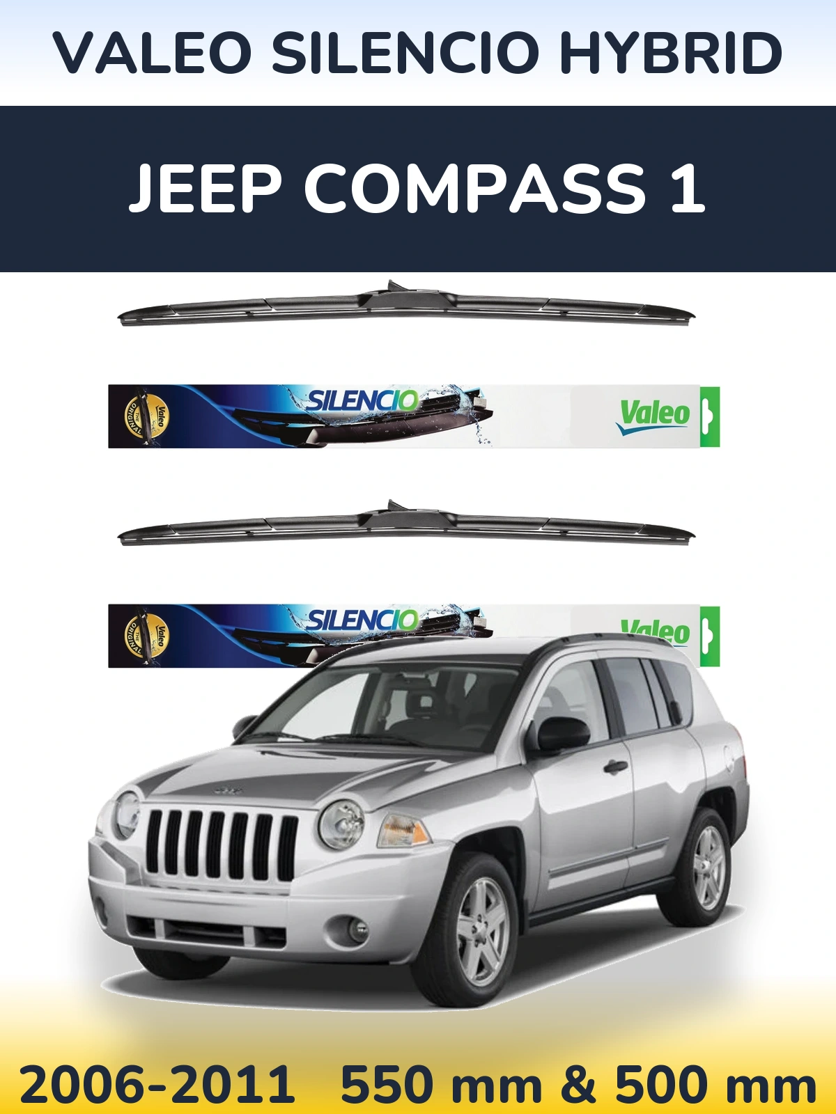 Front wiper blade set Valeo Silencio Hybrid 550 & 500 mm for Jeep Compass 1 2006-2011