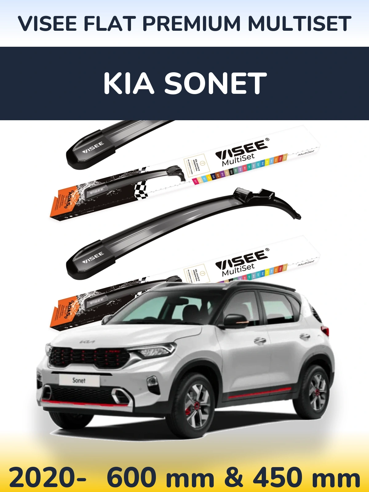 Front wiper blade set VISEE FLAT PREMIUM MultiSet 600 & 450 mm for KIA Sonet 2020-2026