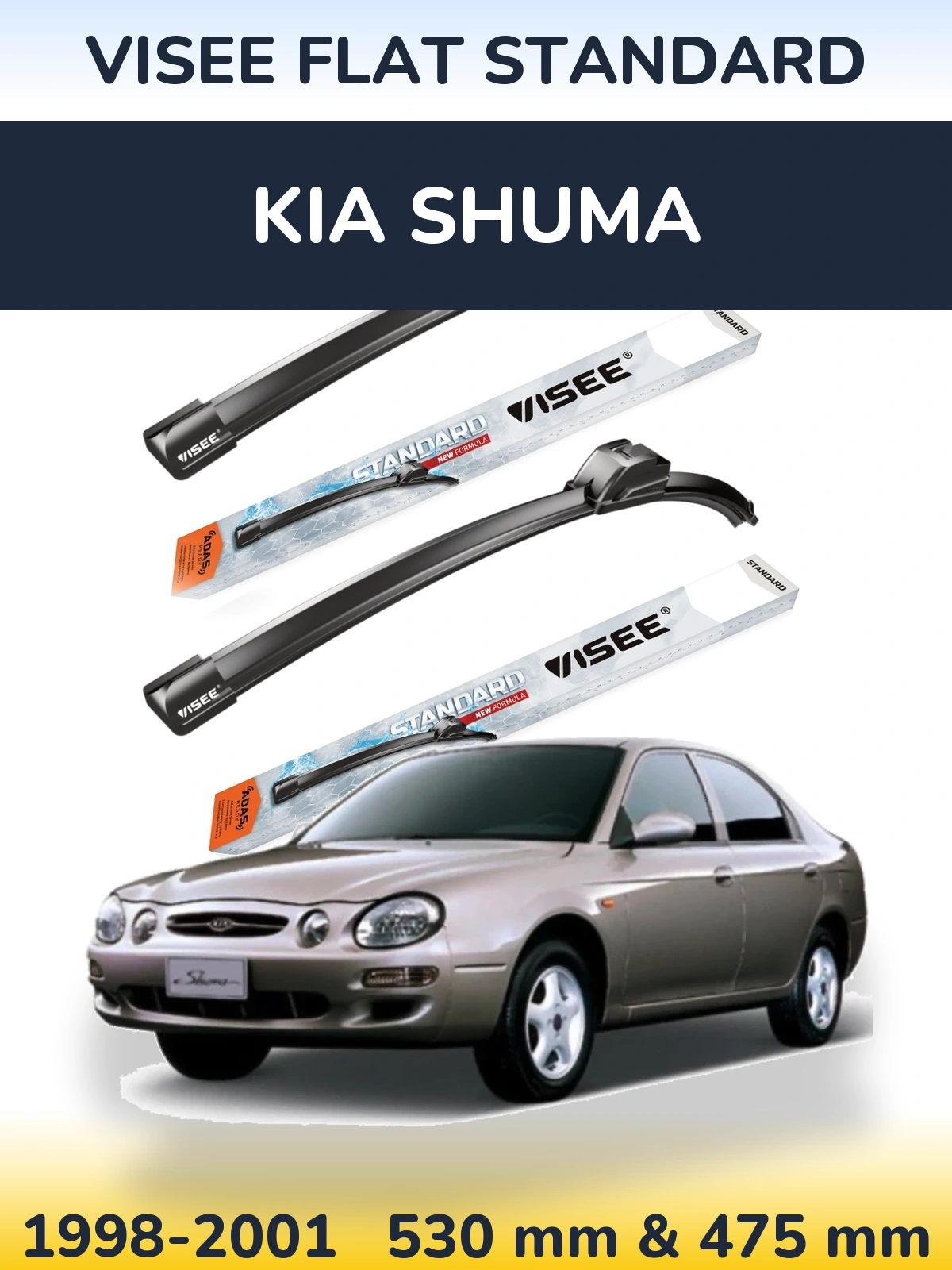 Front wiper blade set VISEE FLAT STANDARD 530 & 475 mm for KIA Shuma 1998-2001