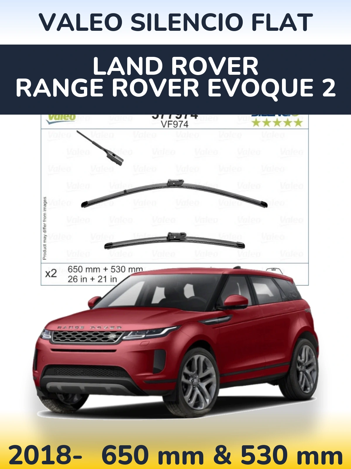 Комплект передніх щіток Valeo Silencio Flat 650 & 530 мм для Land Rover Range Rover  Evoque 2 2018-2026