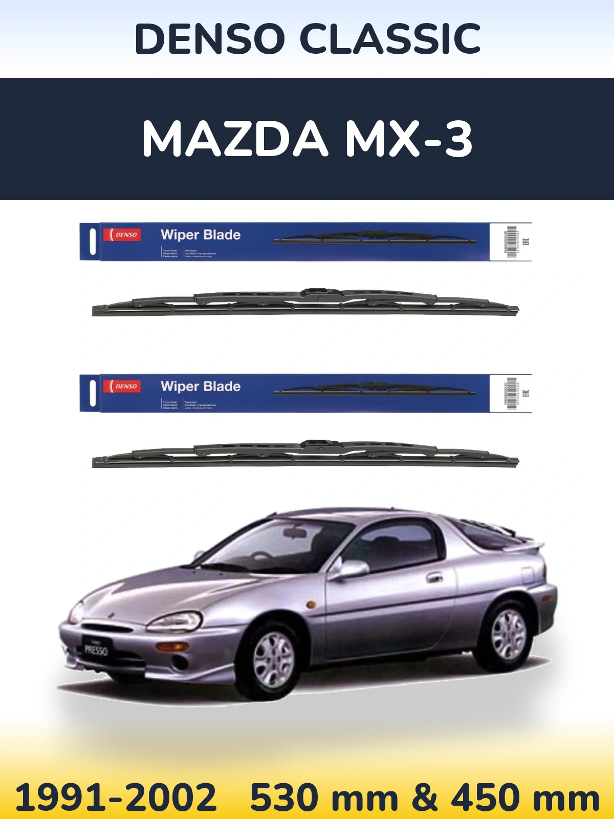 Front wiper blade set Denso Classic 530 & 450 mm for Mazda MX-3 1991-2002