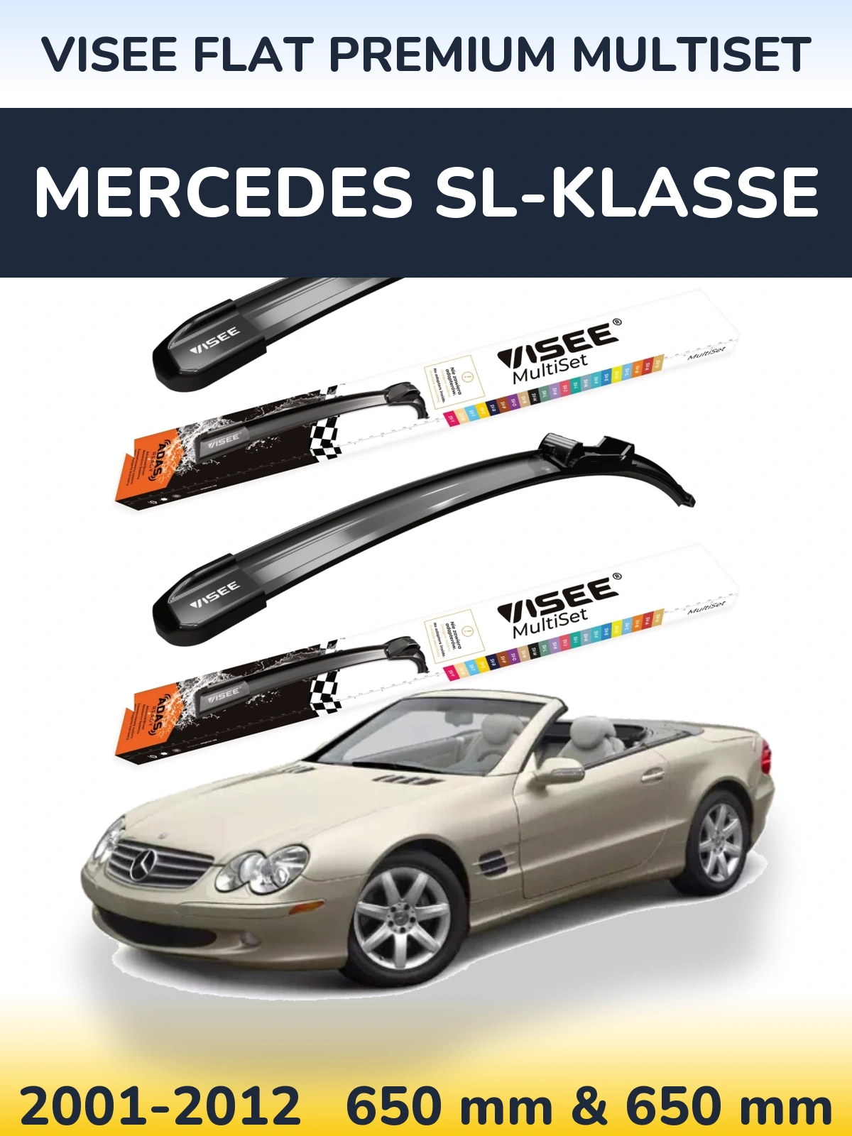 Комплект передніх щіток VISEE FLAT PREMIUM MultiSet 650 & 650 мм для Mercedes SL-Klasse 2001-2012