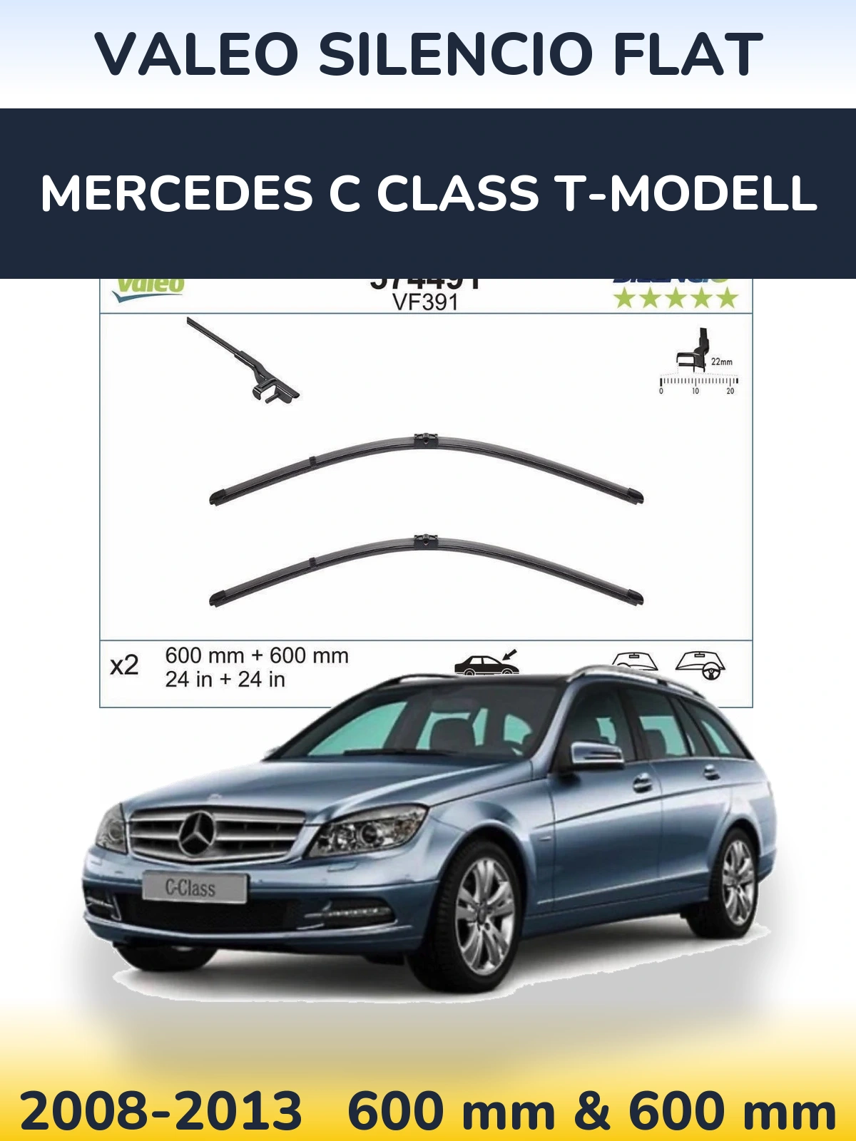 Front wiper blade set Valeo Silencio Flat 600 & 600 mm for Mercedes C Class T-Mudell 2008-2013