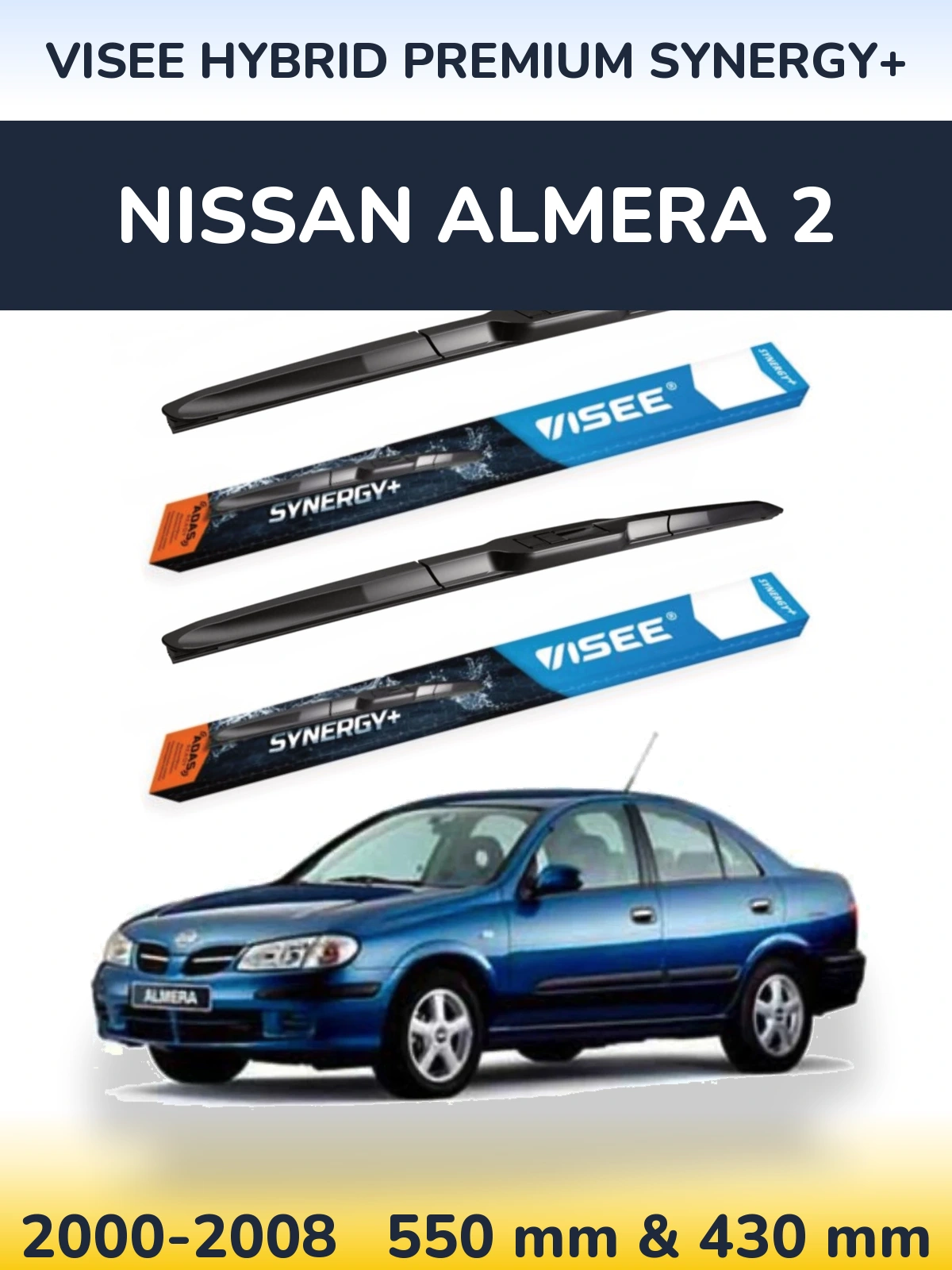 Front wiper blade set VISEE HYBRID PREMIUM SYNERGY+ 550 & 430 mm for Nissan Almera 2 2000-2008
