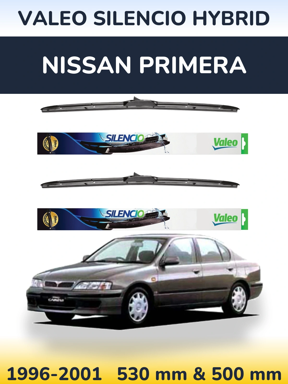 Front wiper blade set Valeo Silencio Hybrid 530 & 500 mm for Nissan Primera 1996-2001