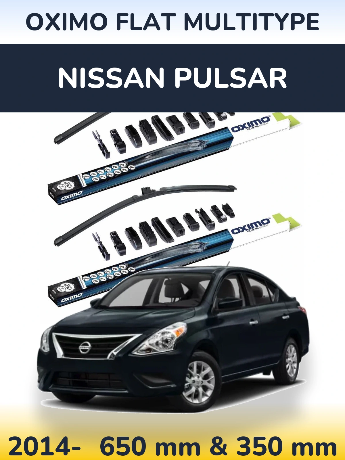 Front wiper blade set Oximo Flat MultiTüüpe 650 & 350 mm for Nissan Pulsar 2014-2026