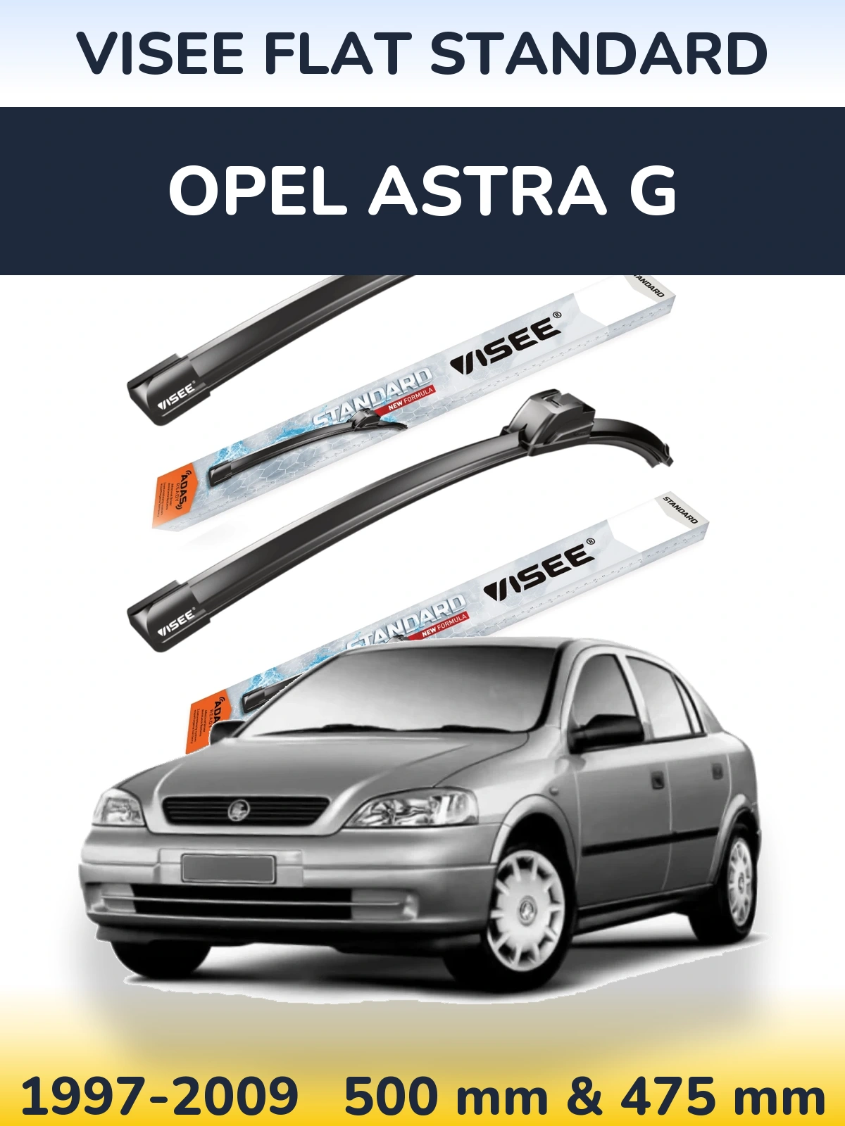 Front wiper blade set VISEE FLAT STANDARD 500 & 475 mm for Opel Astra G 1997-2009