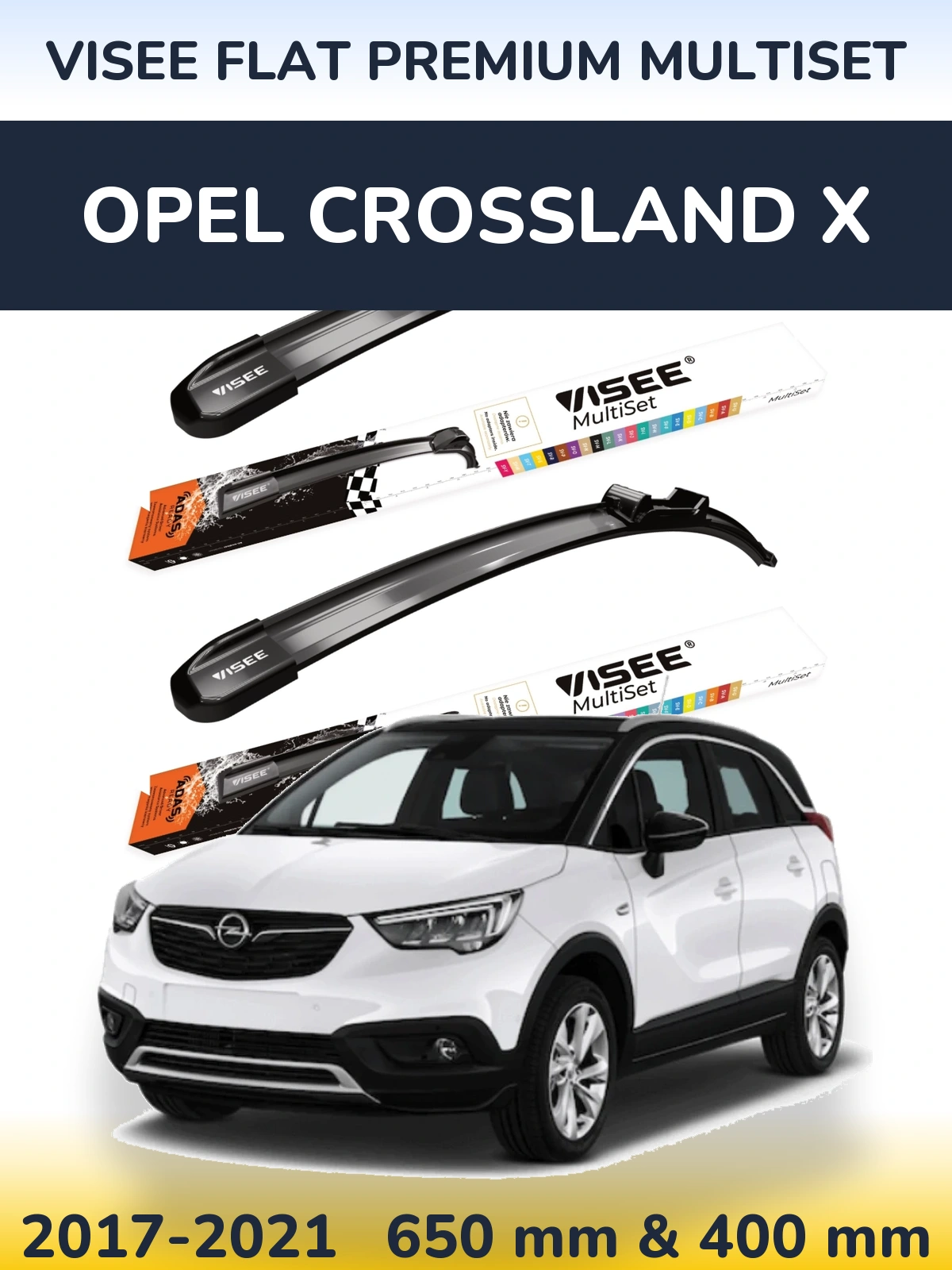 Комплект передних дворников VISEE FLAT PREMIUM MultiSet 650 & 400 мм для Opel Crossland X 2017-2021