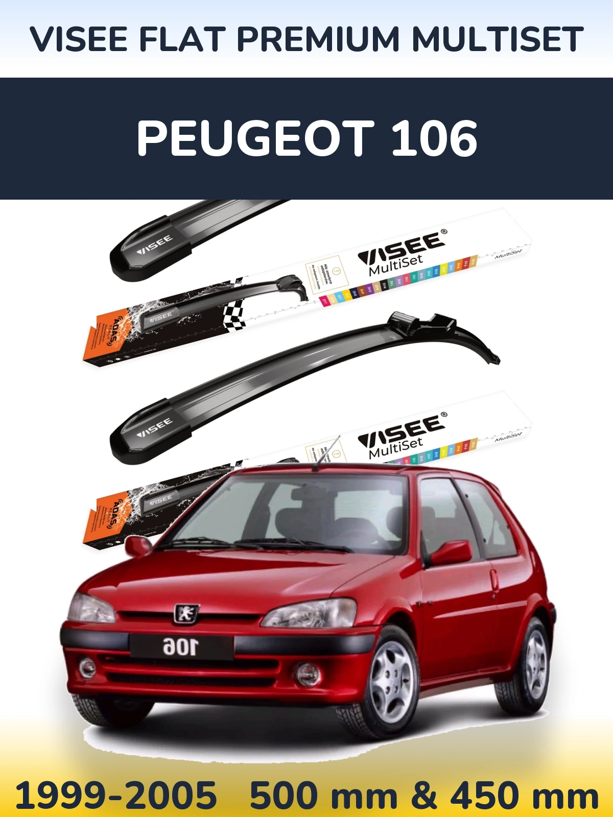 Комплект передніх щіток VISEE FLAT PREMIUM MultiSet 500 & 450 мм для Peugeot 106 1999-2005