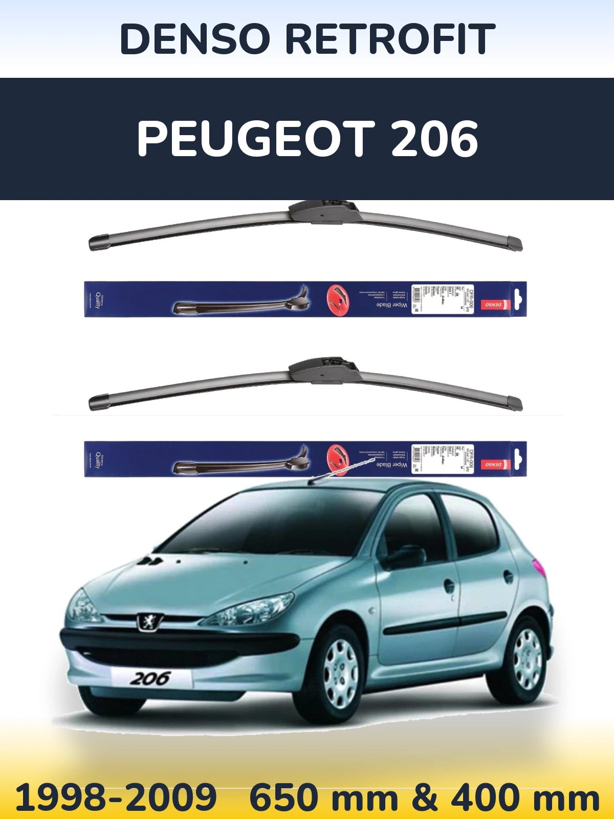 Комплект передніх щіток Denso Retrofit 650 & 400 мм для Peugeot 206 1998-2009