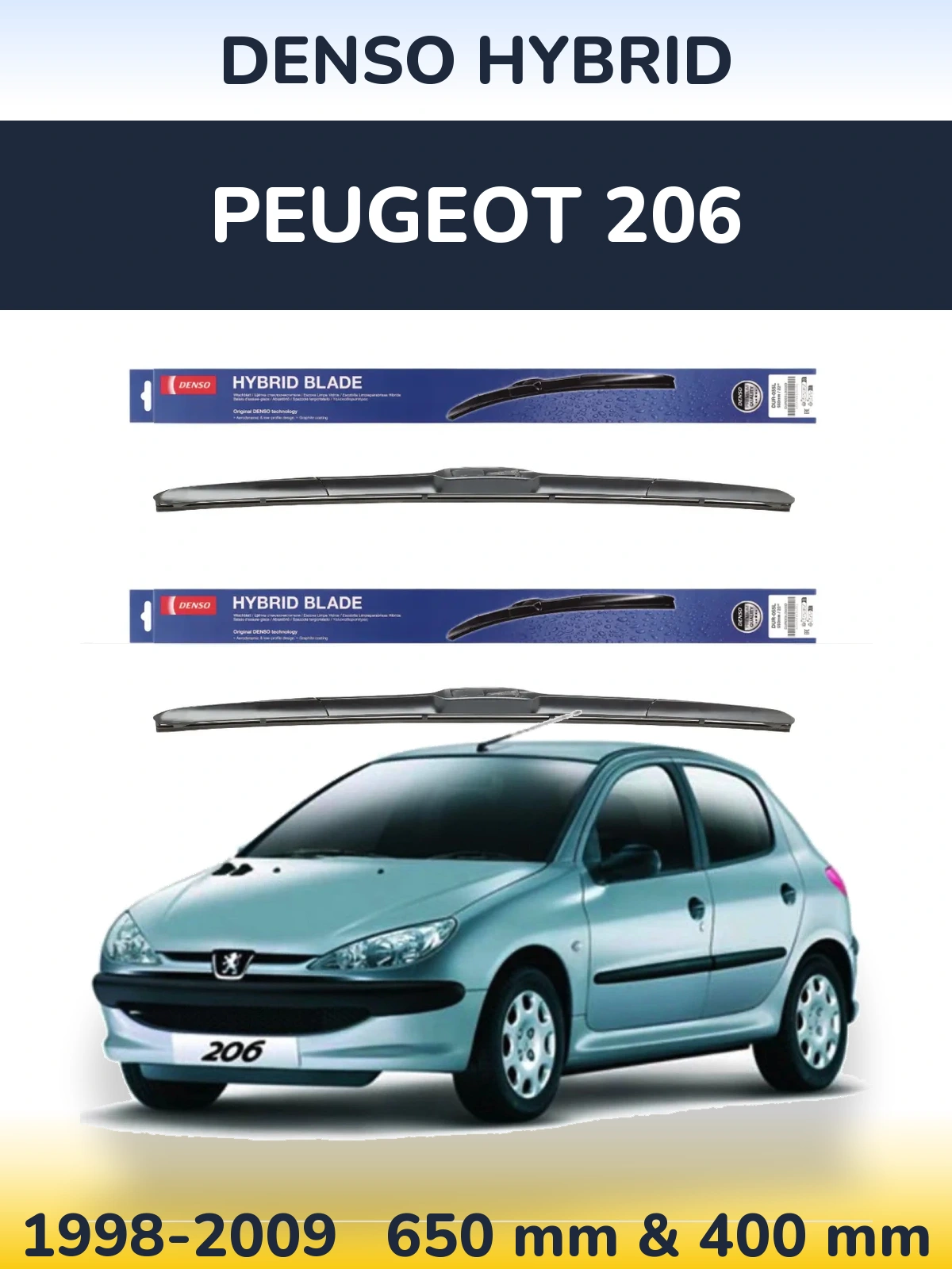 Комплект передніх щіток Denso Hybrid 650 & 400 мм для Peugeot 206 1998-2009