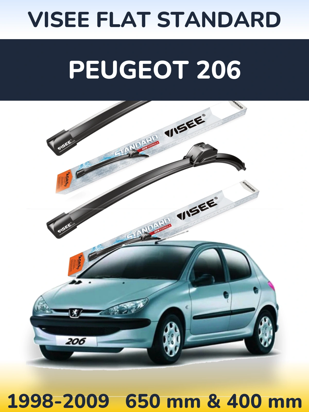 Комплект передніх щіток VISEE FLAT STANDARD 650 & 400 мм для Peugeot 206 1998-2009