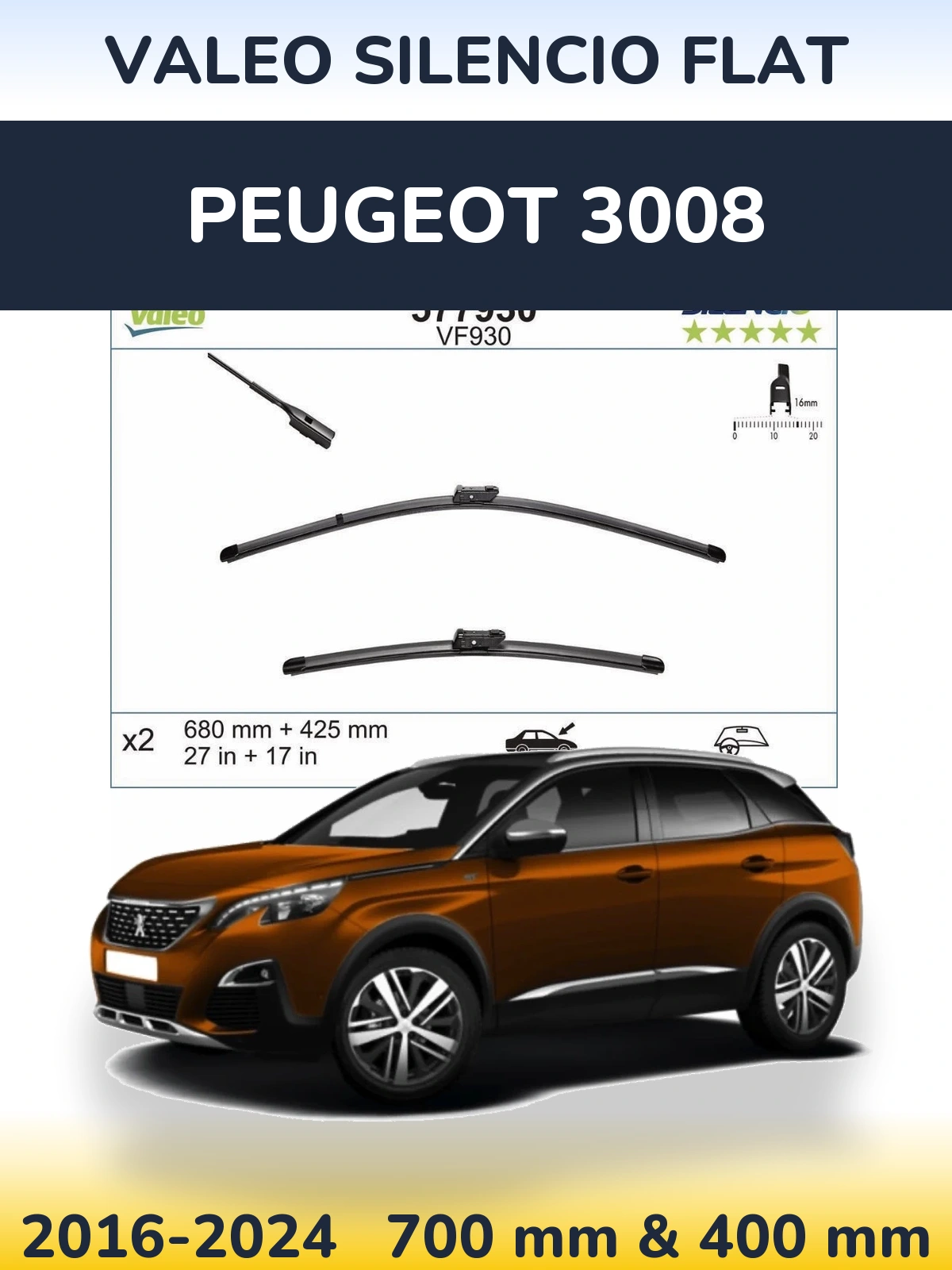 Комплект передних дворников Valeo Silencio Flat 680 & 400 мм для Peugeot 3008 2016-2024