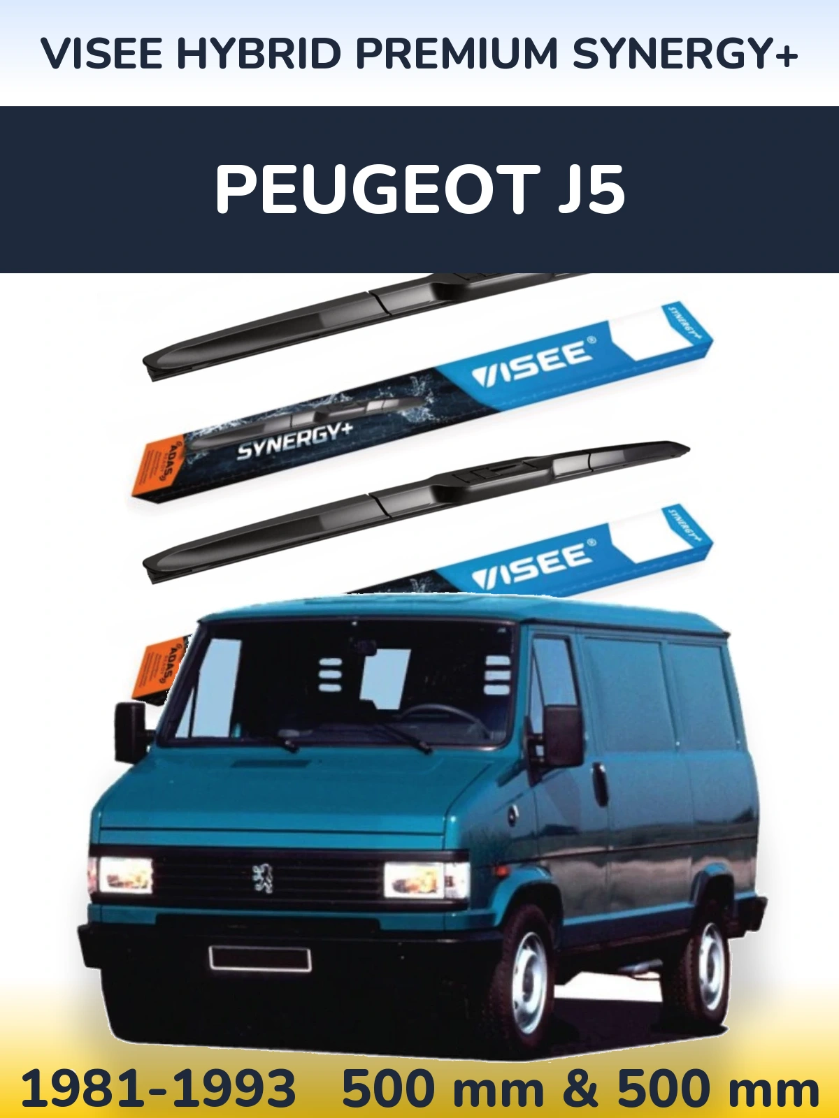 Front wiper blade set VISEE HYBRID PREMIUM SYNERGY+ 500 & 500 mm for Peugeot J5 1981-1993