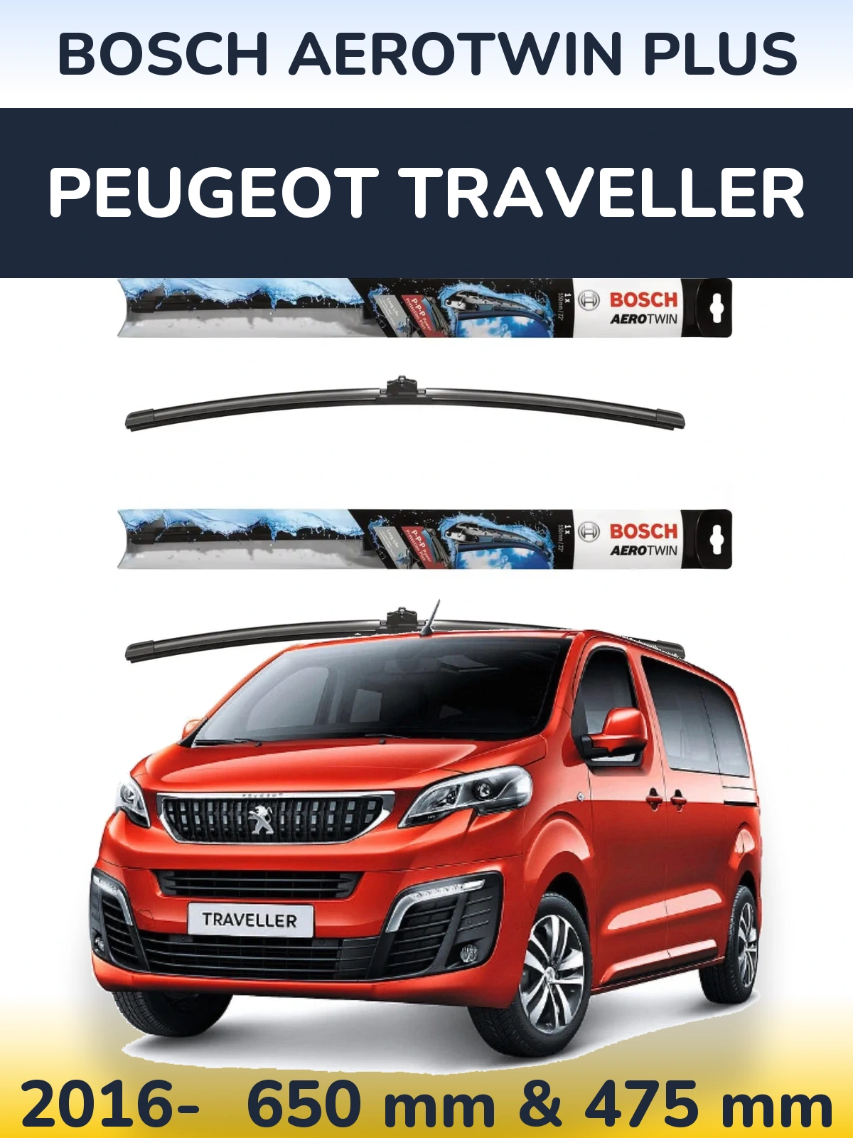 Front wiper blade set BOSCH AeroTwin Plus 650 & 475 mm for Peugeot Traveller 2016-2026