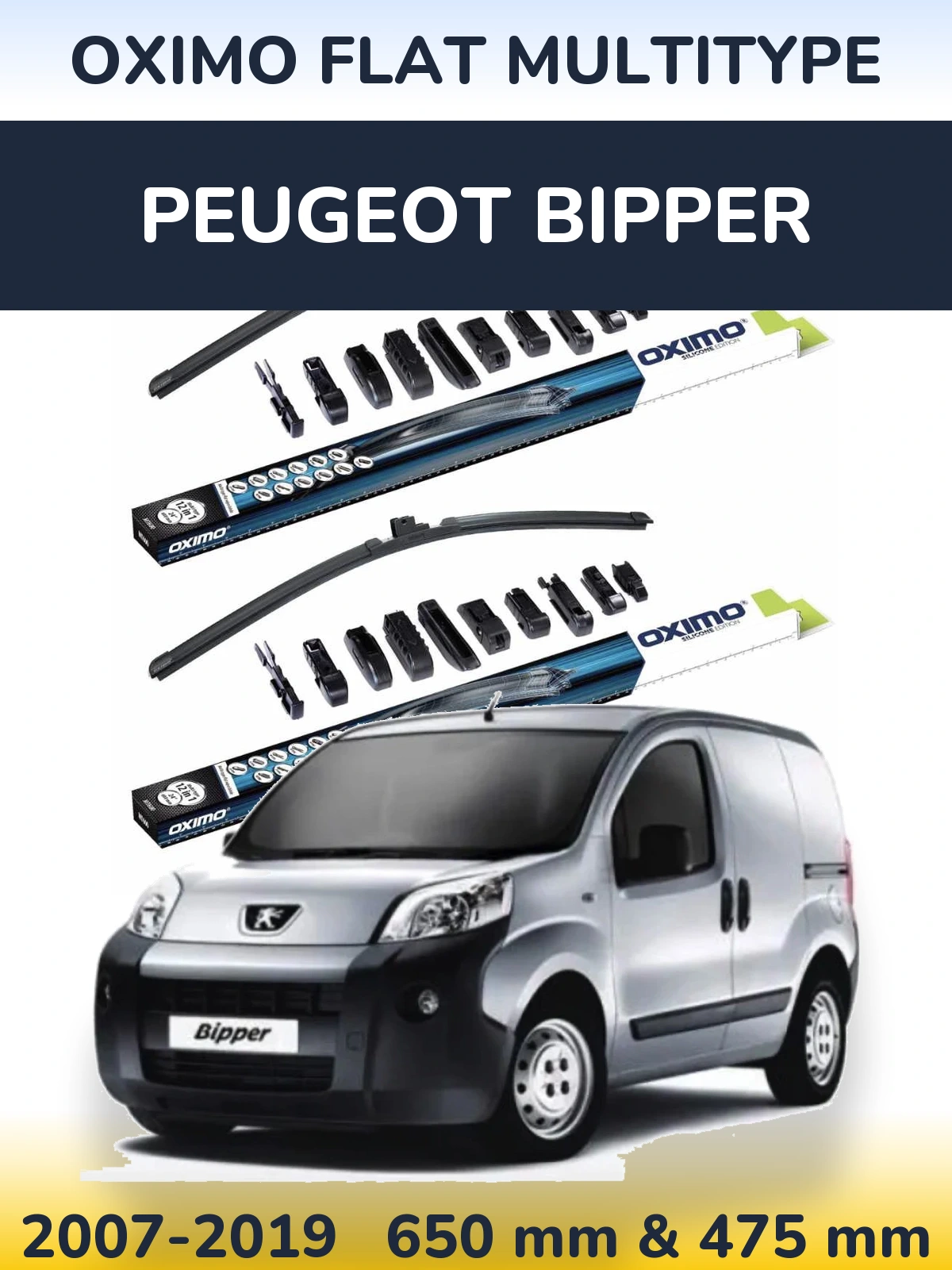 Front wiper blade set Oximo Flat MultiTüüpe 650 & 475 mm for Peugeot Bipper 2007-2019