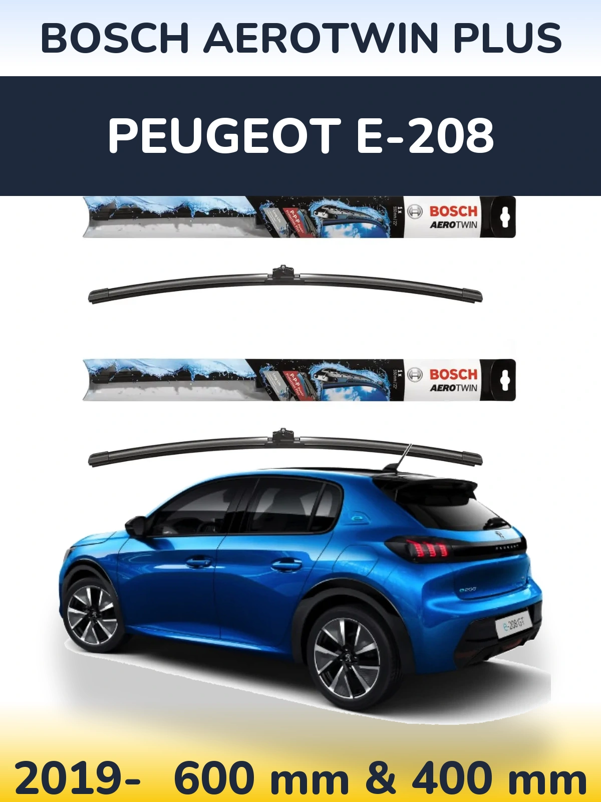 Комплект передних дворников BOSCH AeroTwin Plus 600 & 400 мм для Peugeot e-208 2019-2026