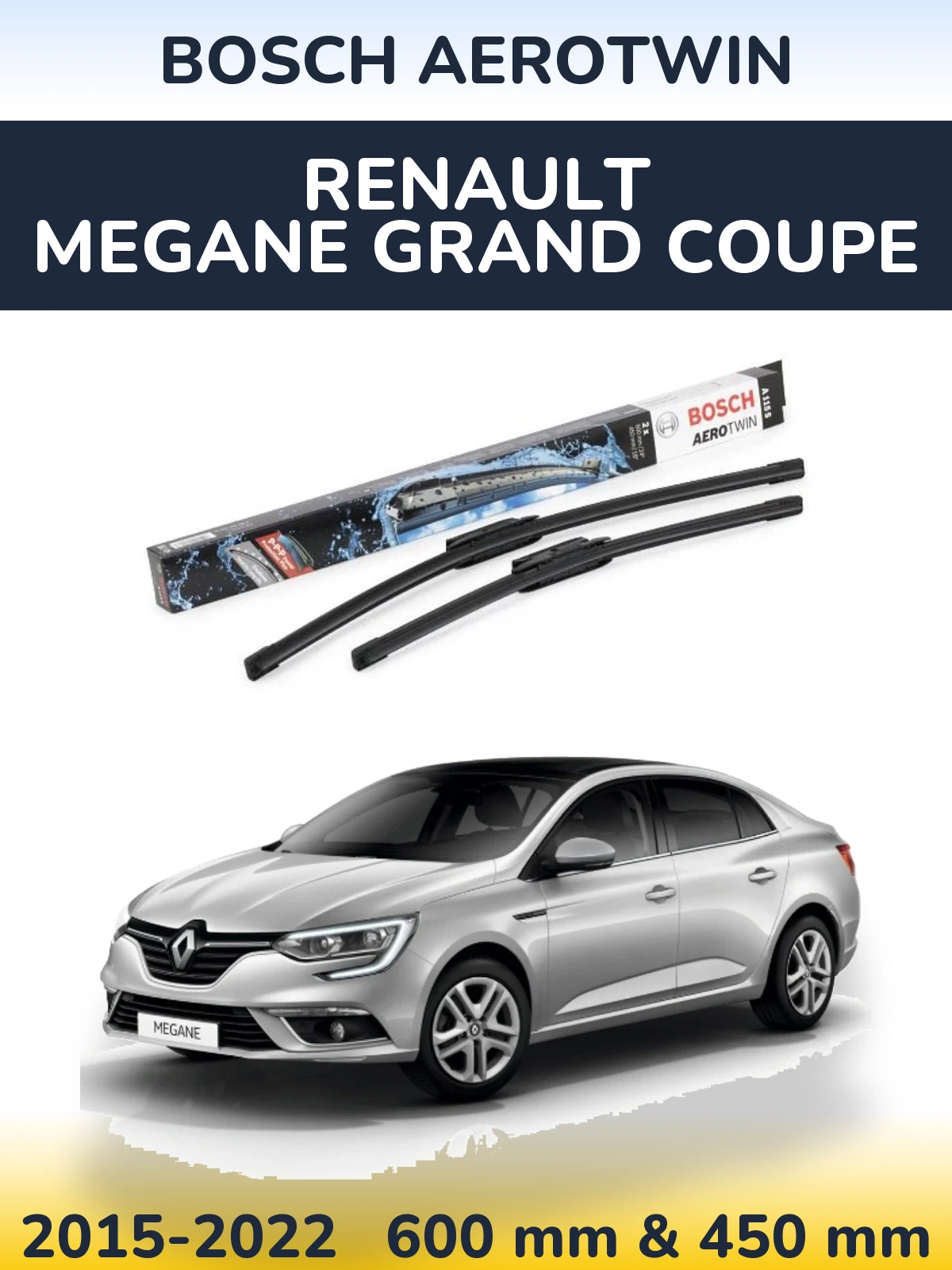 Комплект передніх щіток BOSCH AeroTwin 600 & 450 мм для Renault Megane Grand Coupe 2015-2022