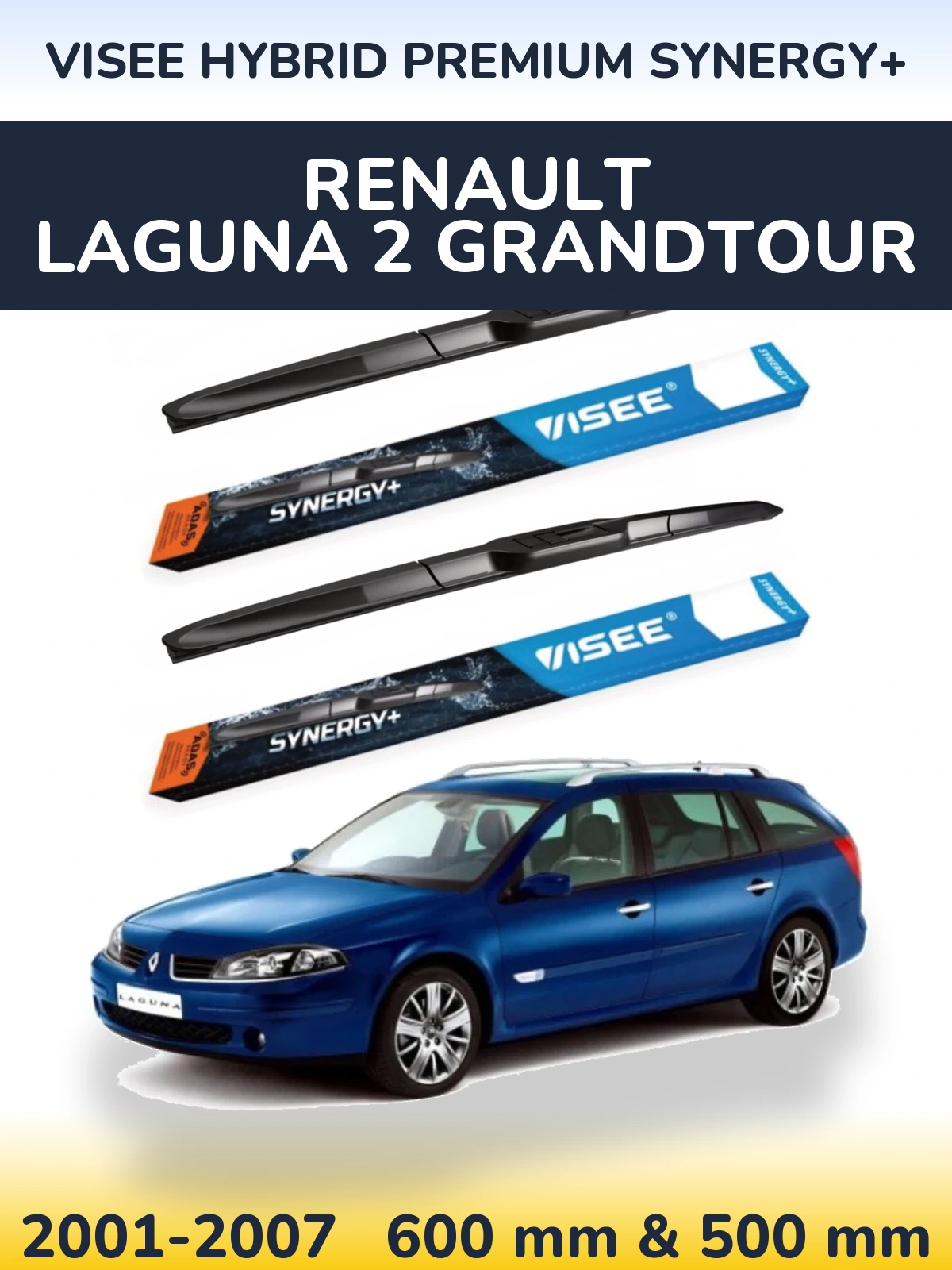 Front wiper blade set VISEE HYBRID PREMIUM SYNERGY+ 600 & 500 mm for Renault Laguna 2 Grandtour 2001-2007