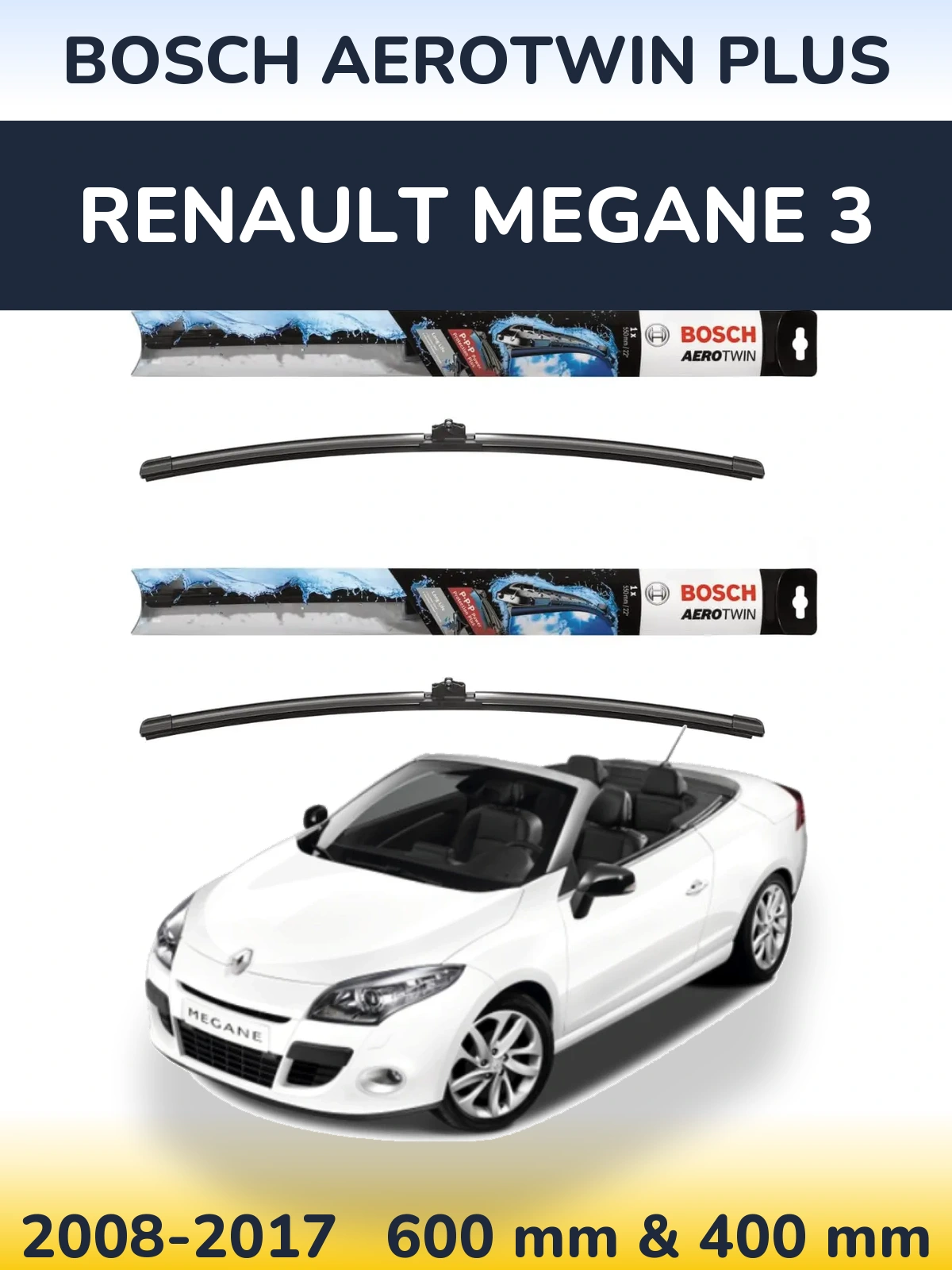 Комплект передних дворников BOSCH AeroTwin Plus 600 & 400 мм для Renault Megane 3 2008-2017