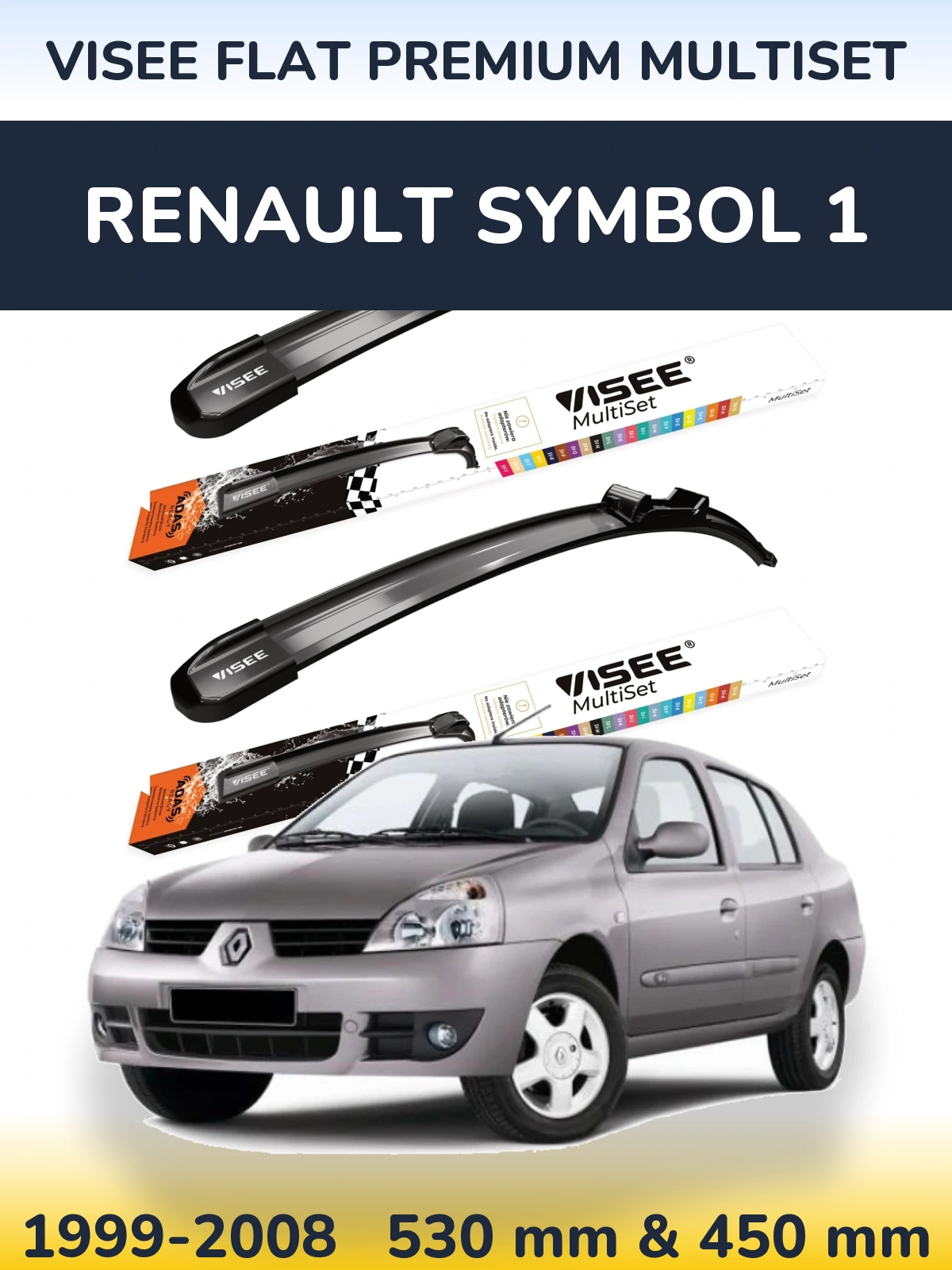 Front wiper blade set VISEE FLAT PREMIUM MultiSet 530 & 450 mm for Renault Symbol 1 1999-2008