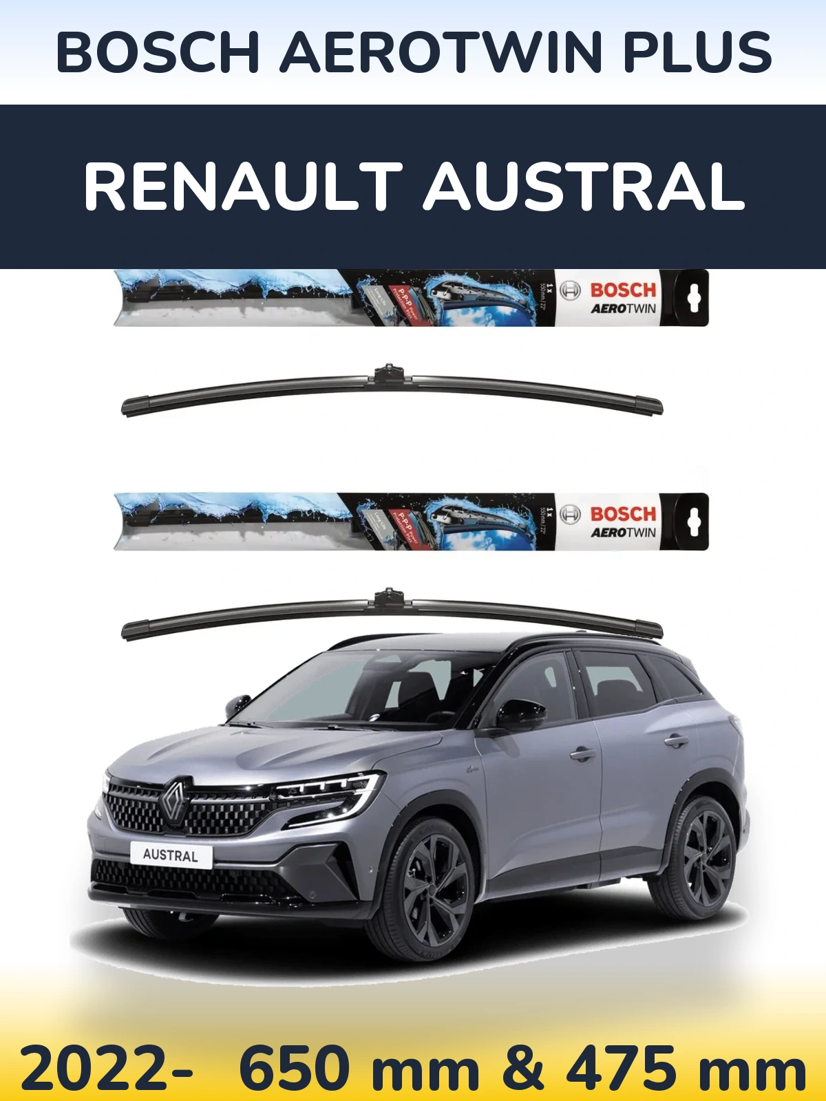 Комплект передних дворников BOSCH AeroTwin Plus 650 & 475 мм для Renault Austral 2022-2026