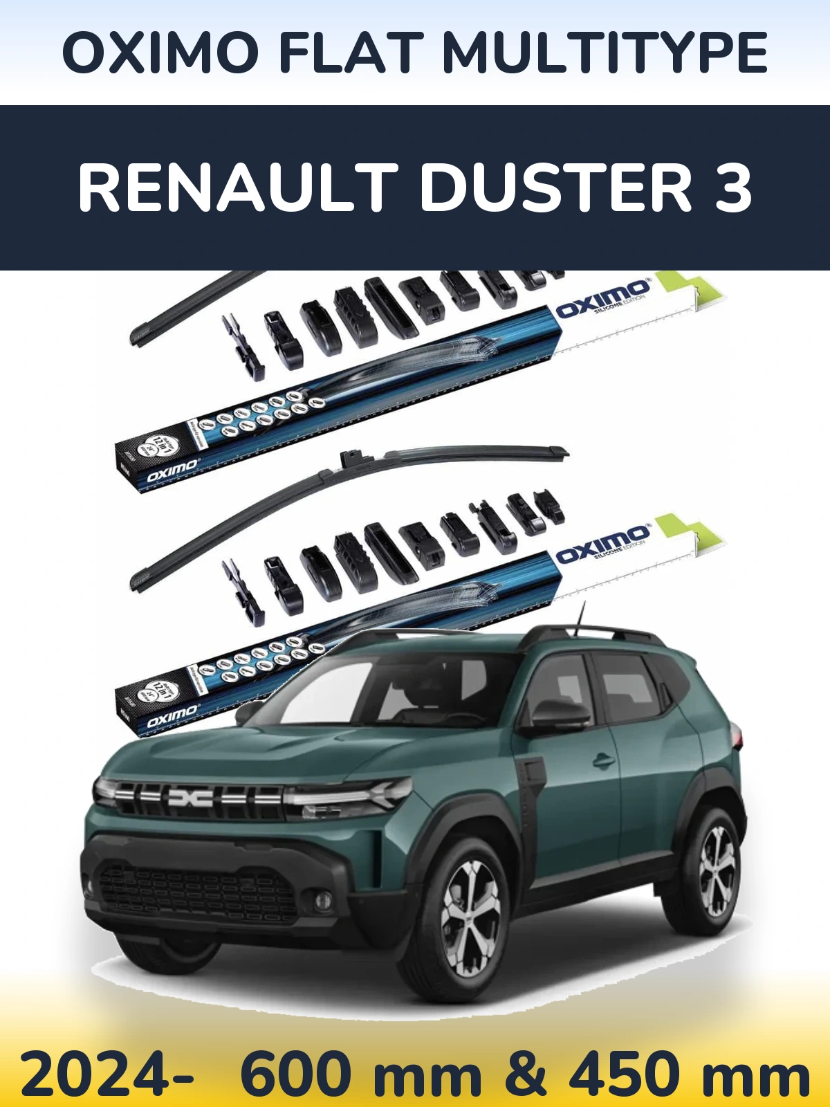 Комплект передних дворников Oximo Flat MultiТипe 600 & 450 мм для Renault Duster 3 2024-2026