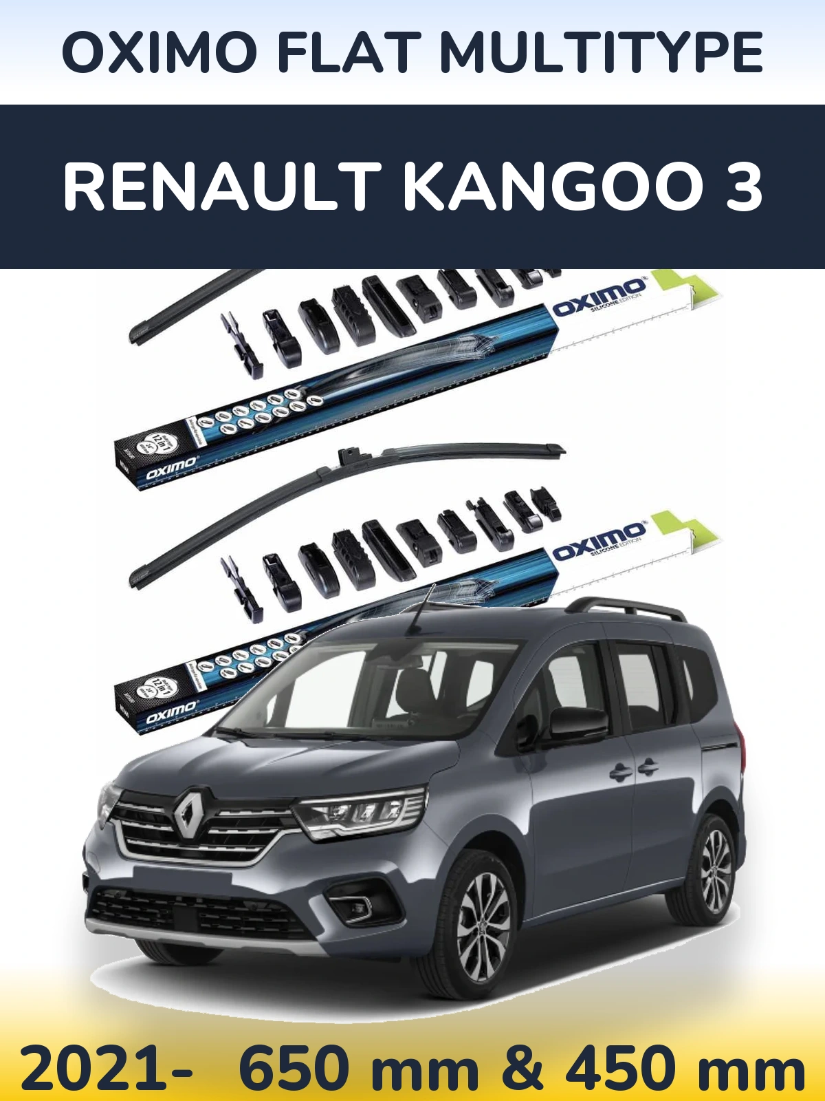 Front wiper blade set Oximo Flat MultiTüüpe 650 & 450 mm for Renault Kangoo 3 2021-2026