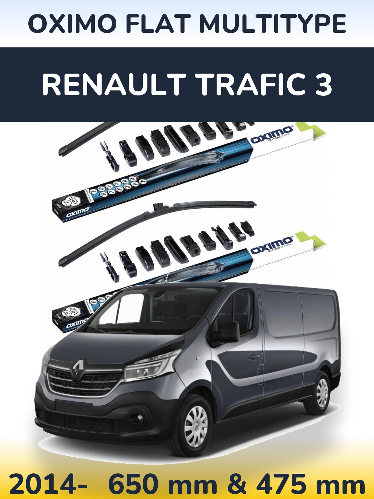 Front wiper blade set Oximo Flat MultiTüüpe 650 & 475 mm for Renault Trafic 3 2014-2026