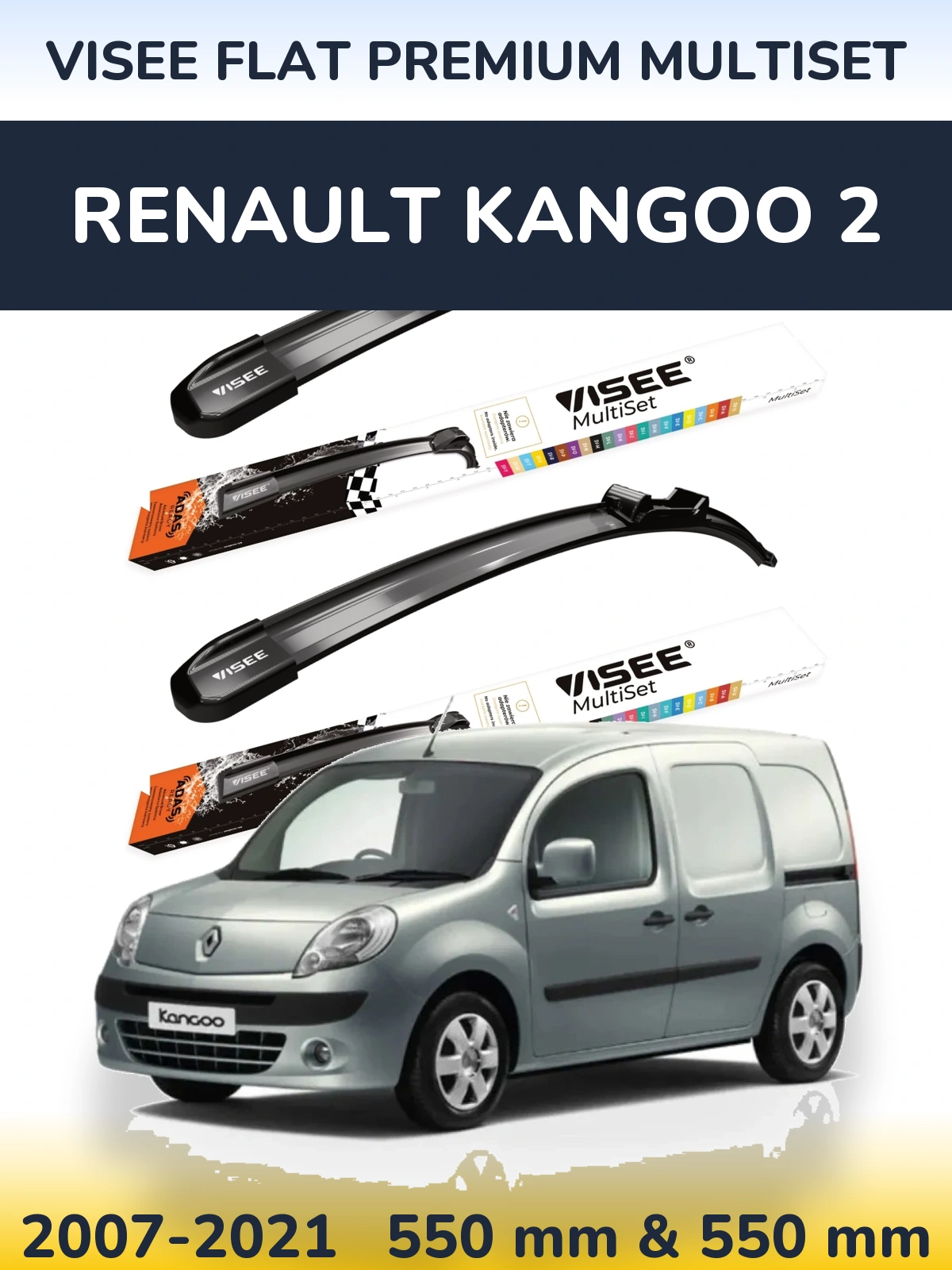 Front wiper blade set VISEE FLAT PREMIUM MultiSet 550 & 550 mm for Renault Kangoo 2 2007-2021