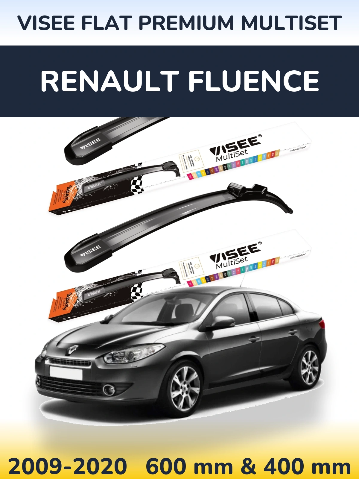 Комплект передних дворников VISEE FLAT PREMIUM MultiSet 600 & 400 мм для Renault Fluence 2009-2020