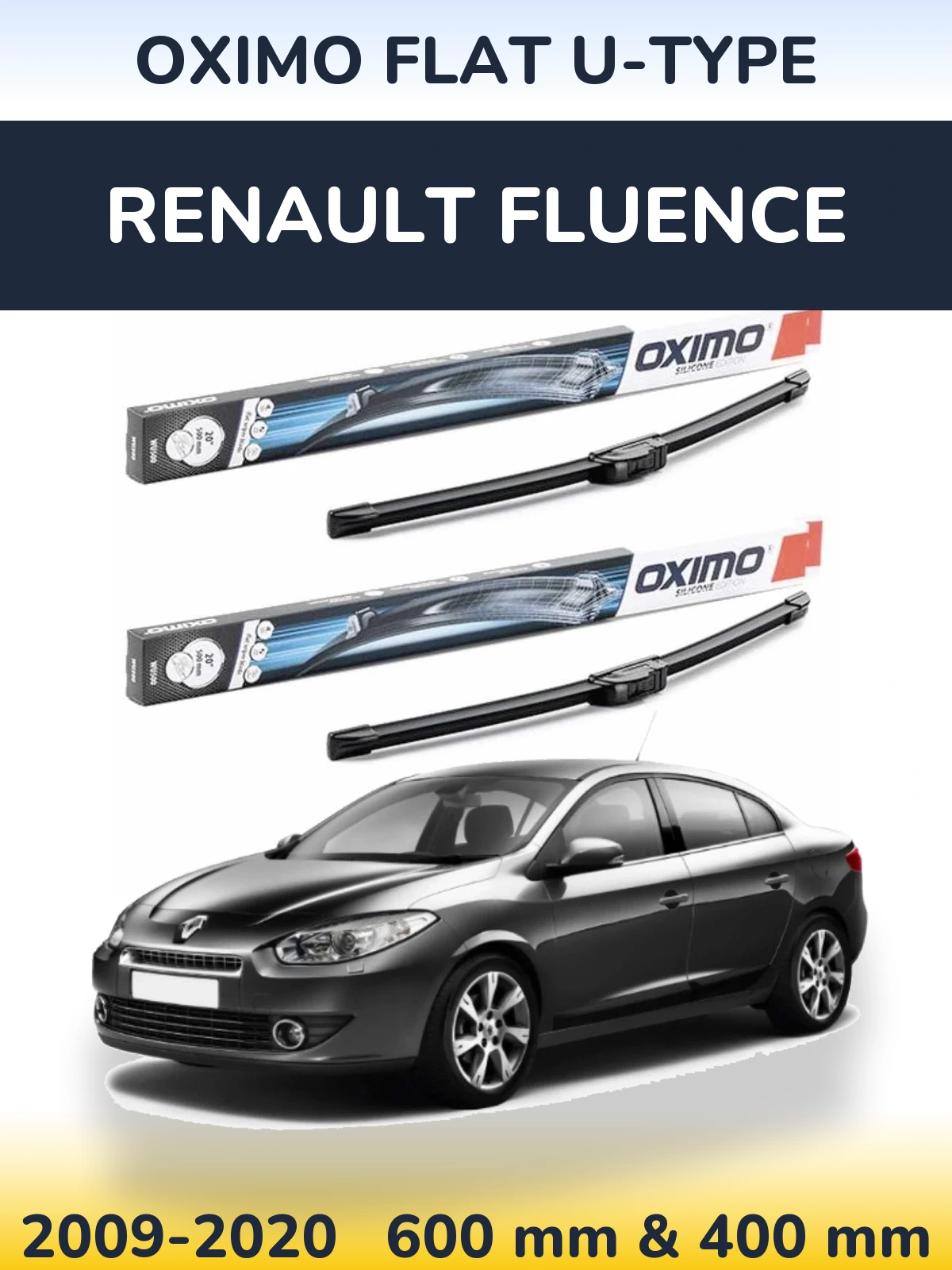 Комплект передних дворников Oximo Flat U-type 600 & 400 мм для Renault Fluence 2009-2020