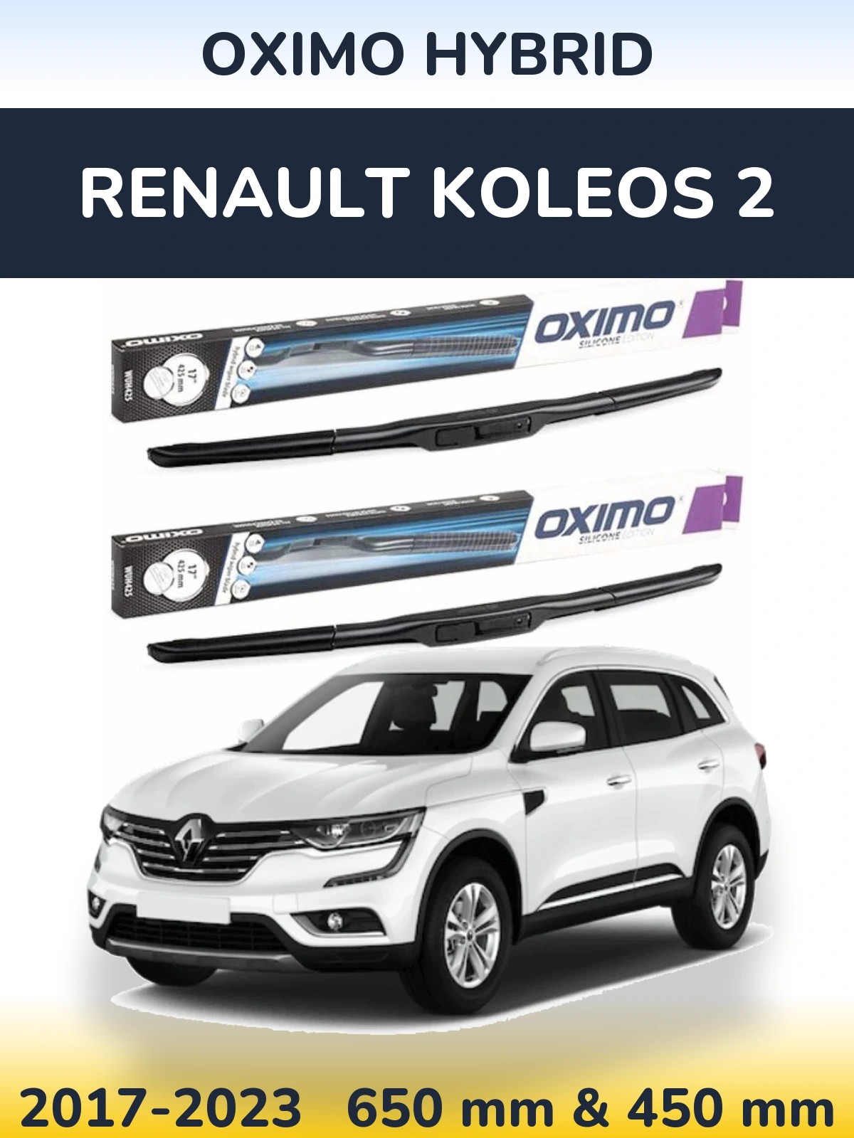 Комплект передних дворников Oximo Hybrid 650 & 450 мм для Renault Koleos 2 2017-2023