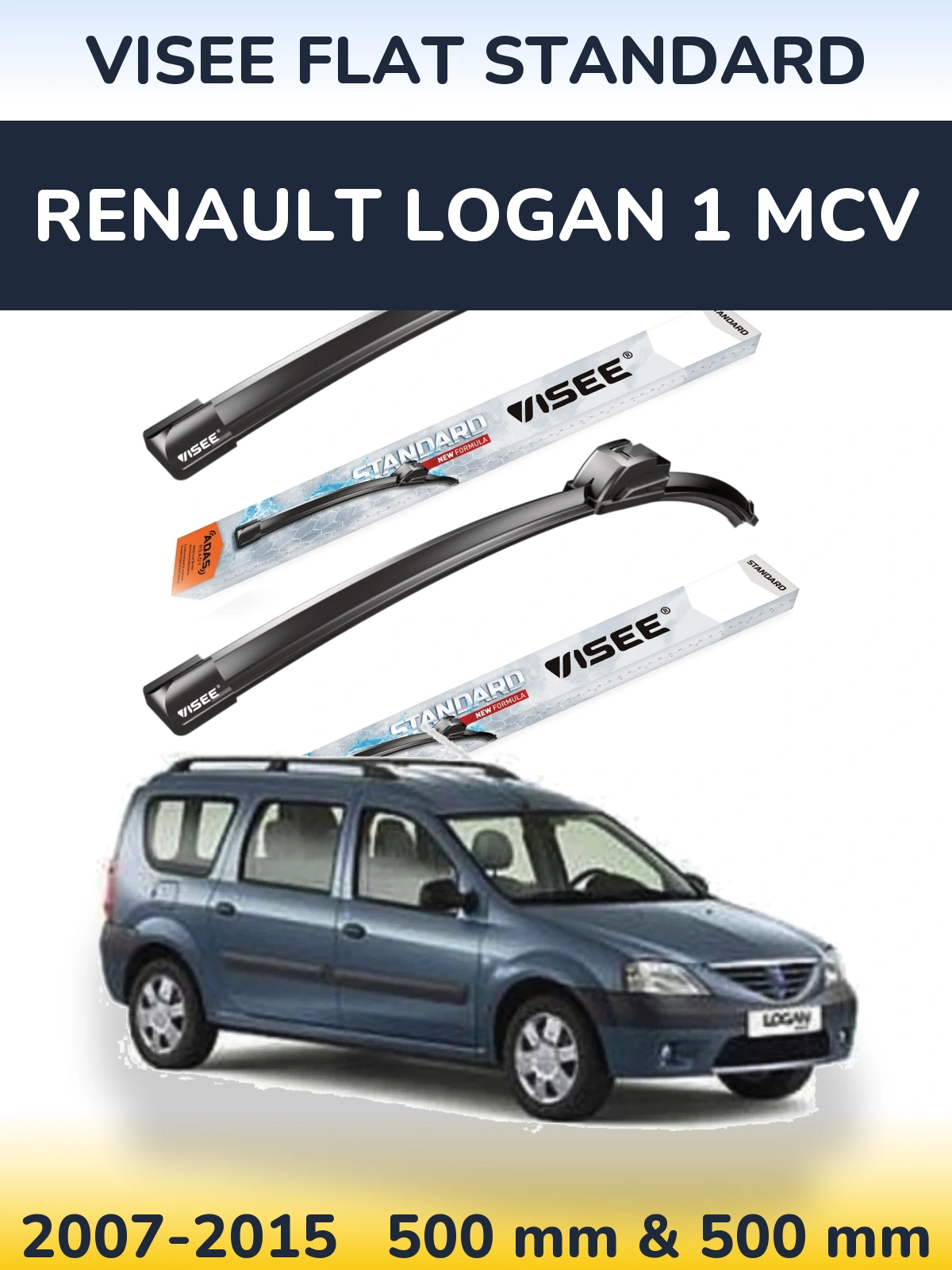 Комплект передніх щіток VISEE FLAT STANDARD 500 & 500 мм для Renault Logan 1 MCV 2007-2015