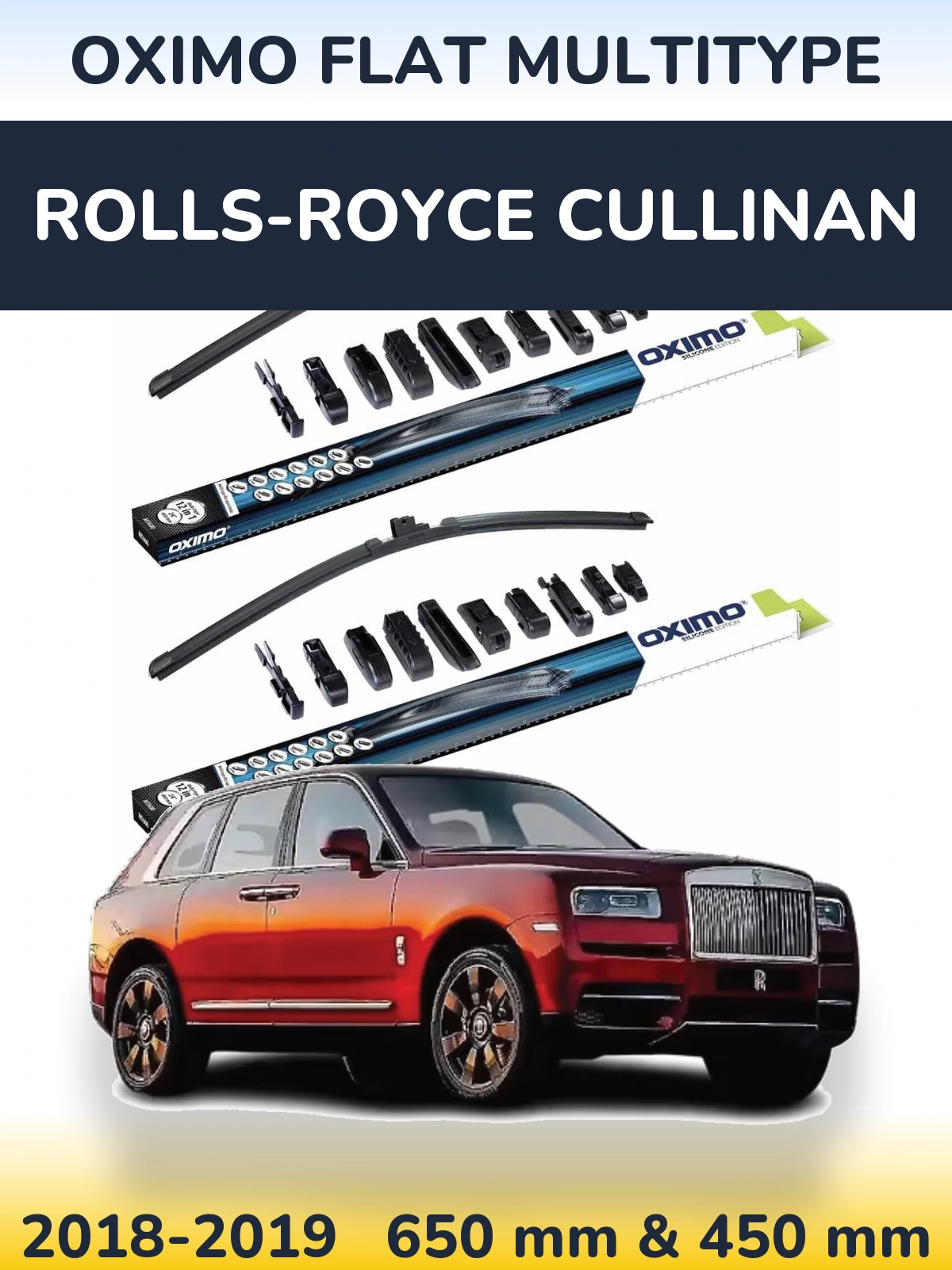 Front wiper blade set Oximo Flat MultiTüüpe 650 & 450 mm for Rolls-Royce Cullinan 2018-2019