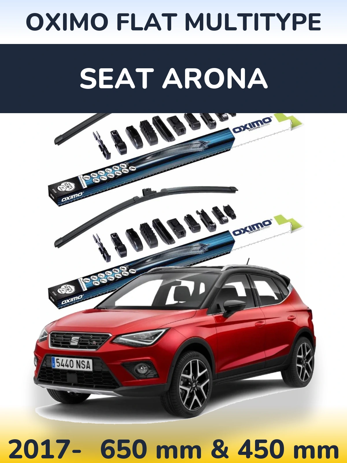 Front wiper blade set Oximo Flat MultiTüüpe 650 & 450 mm for SEAT Arona 2017-2026