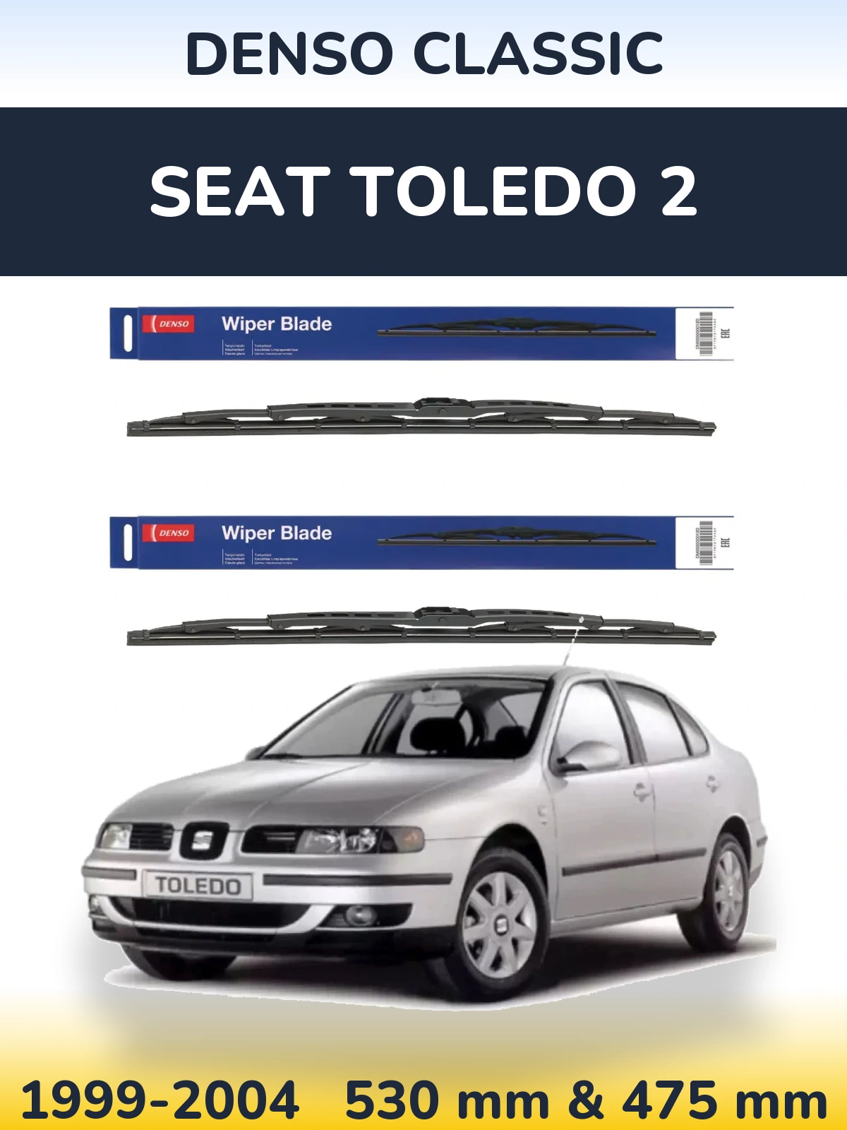 Front wiper blade set Denso Classic 530 & 475 mm for SEAT Toledo 2 1999-2004