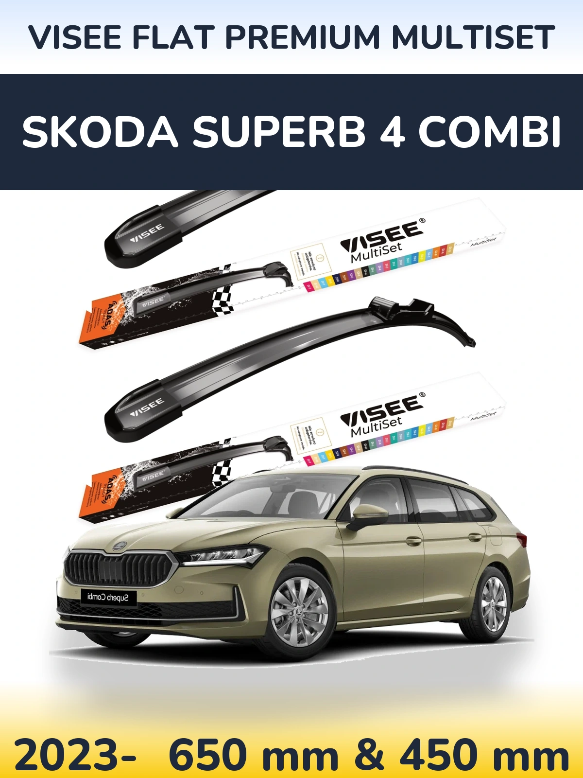 Комплект передніх щіток VISEE FLAT PREMIUM MultiSet 650 & 450 мм для Skoda Superb 4 Combi 2023-2026