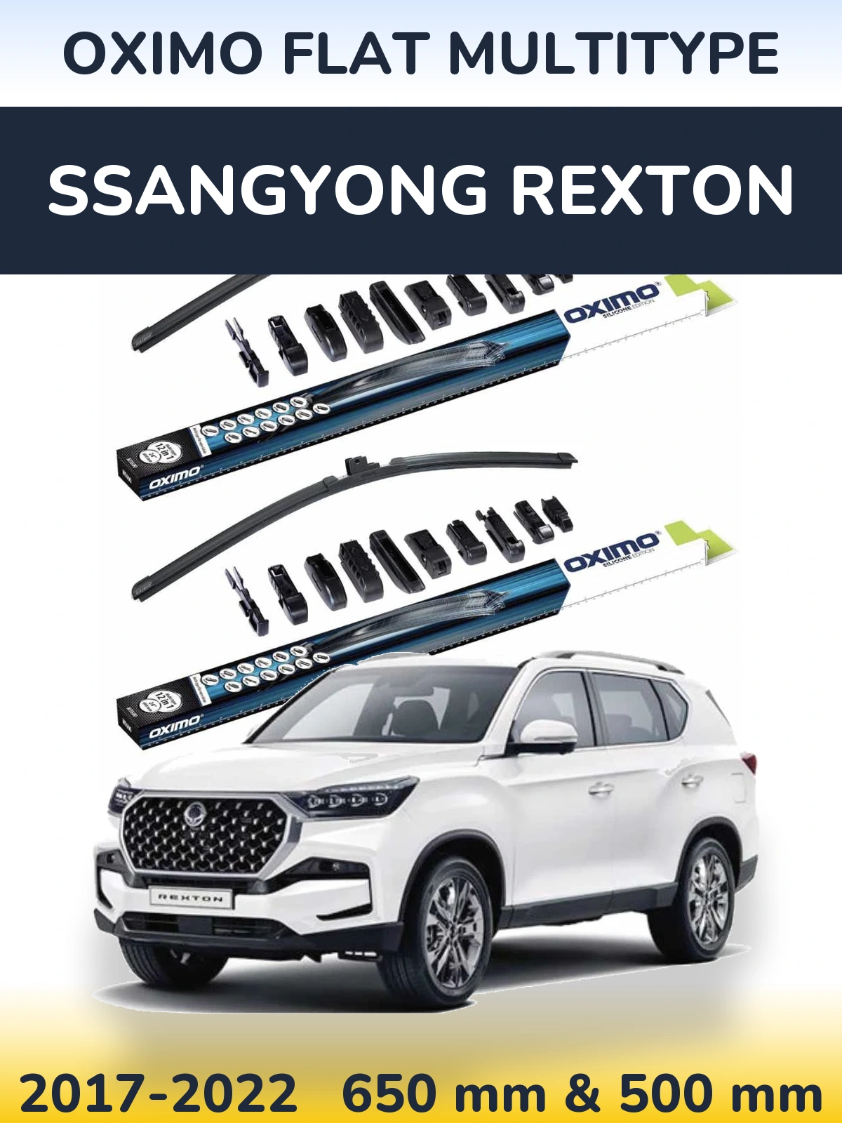 Front wiper blade set Oximo Flat MultiTüüpe 650 & 500 mm for SsangYong Rexton 2017-2022